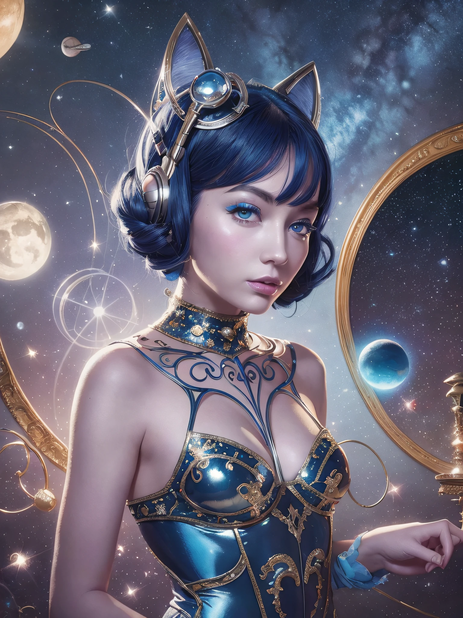 Space music with whimsical elements played by Blue Catwoman, intricate details, soft lighting, floating objects inspired by the art styles of Salvador Dalí and Rene Magritte, Royche, Charlie Bowwater, Megan and more. Art station trend created by artist Frauenhofer.
