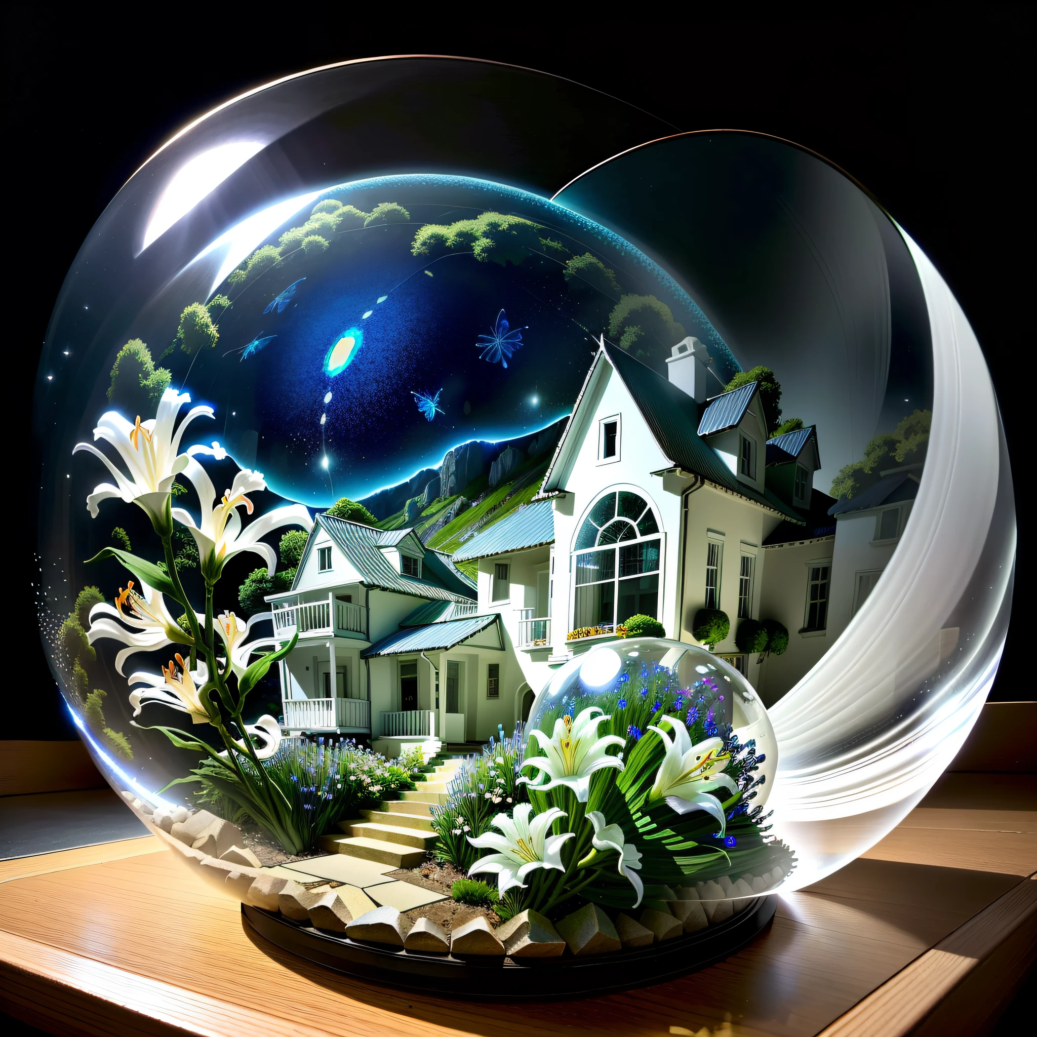 Inside the glass sphere is an opal house, realistic, white lily flowers nearby, fireflies flying around the hill, cut starfish