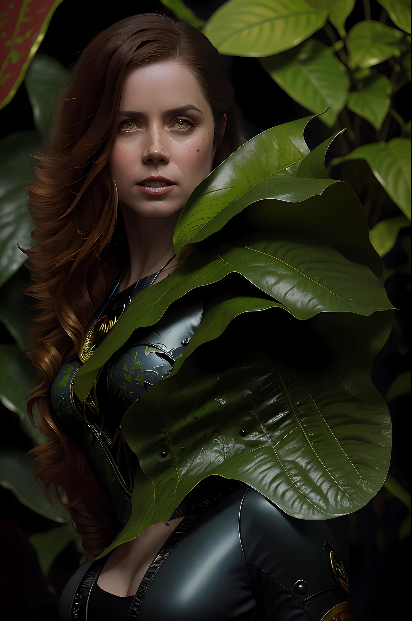 Amy Adams as Ivy Poison DC Comics-style Batman villain with various carnivorous plants and banana leaves in the background, vhs effect, (poster: 1.2), poster on the wall, nostalgia, movie poster, (skin texture), intricately detailed, fine detail, hyperdetailed, ray tracing, subsurface scattering, diffuse soft lighting, shallow depth of field, by (Oliver Wetter) Ed Blinkey's majestic professional oil painting, Atey Ghailan, Studio Ghibli, by Jeremy Mann, Greg Manchess, Antonio Moro, trend at ArtStation, trend at CGSociety, Intricate, High Detail, Sharp focus, dramatic painting and photorealistic art by (greg rutkowski:1.4), bokeh