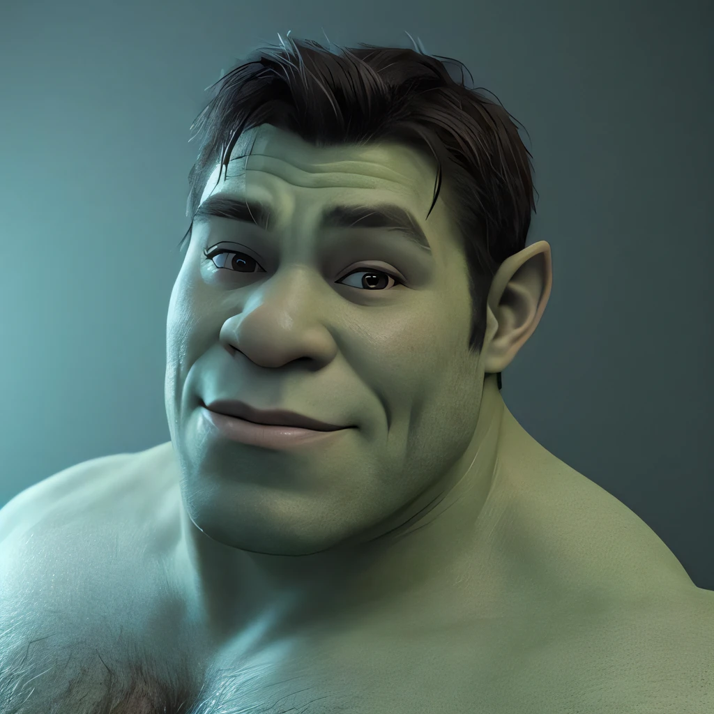 shrek as 1boy, handsome, bulk, muscilar posing in a dark studio, (rim lighting,:1.4) two tone lighting, sharp focus, teal hue, octane, unreal, dimly lit, low key