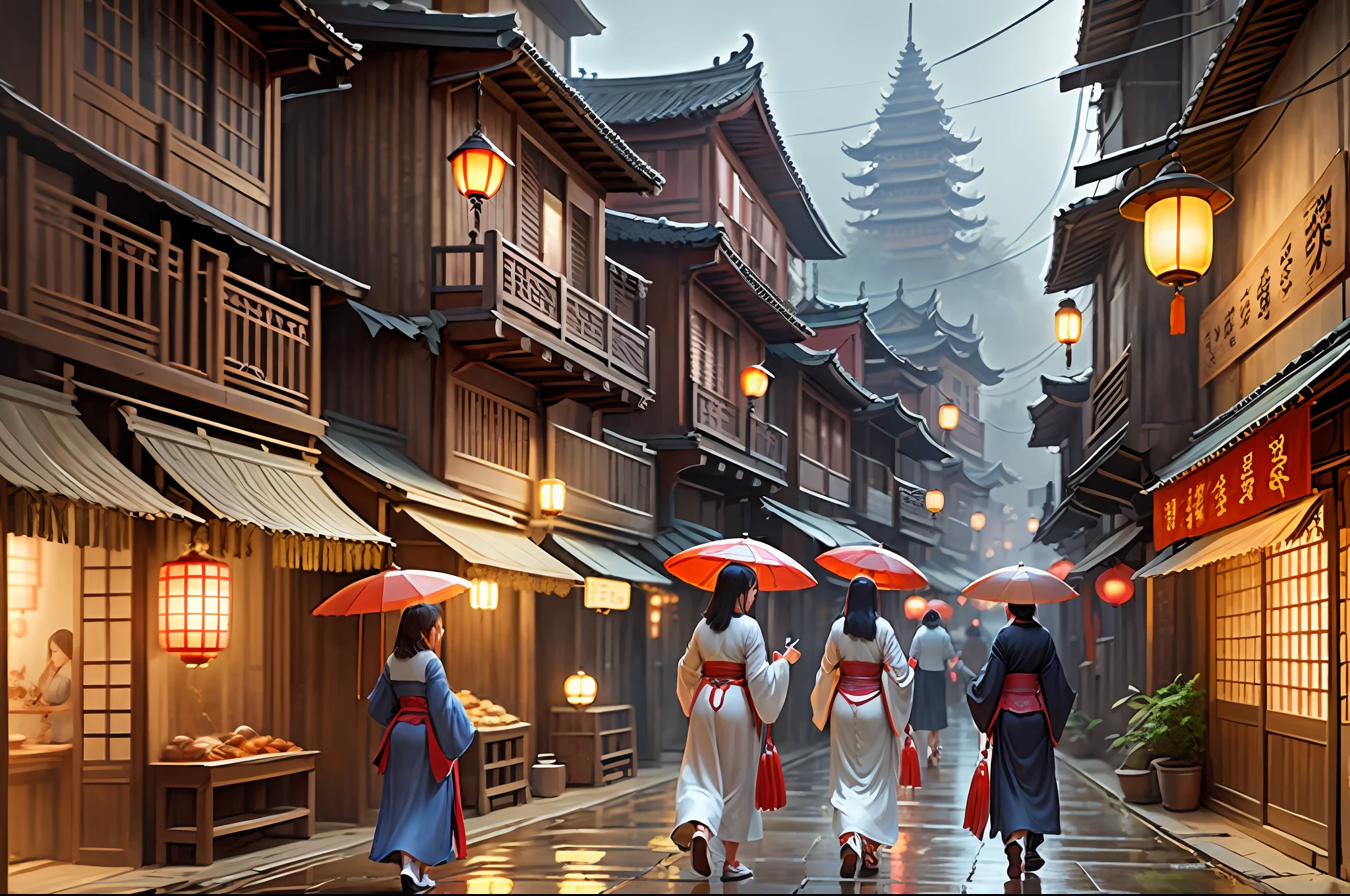 girls in  Hanfu walking down a street of an ancient Chinese town, street market, ancient lamps. Dark, foggy rainy night. Illuminated only by old Chinese lamps. Realistic digital art, raytraicing. --auto --s2