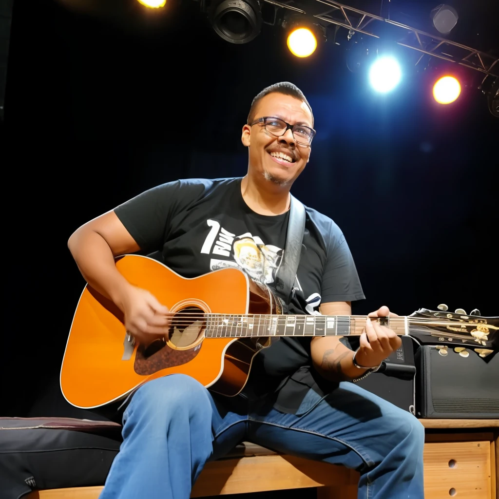 guttonerdvision4, a bespectacled man, ((detailed face and skin)), with jeans and black rock band T-shirt, playing acoustic guitar, sitting on a bench, stage, show lighting, audience with hands up, depth of field, realistic
