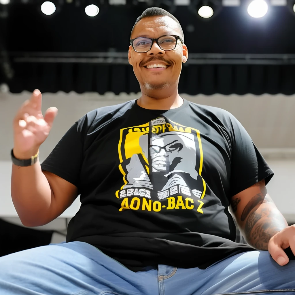 guttonerdvision4, a bespectacled man, ((detailed face and skin)), with jeans and black rock band T-shirt, playing acoustic guitar, sitting on a bench, stage, show lighting, audience with hands up, depth of field, realistic