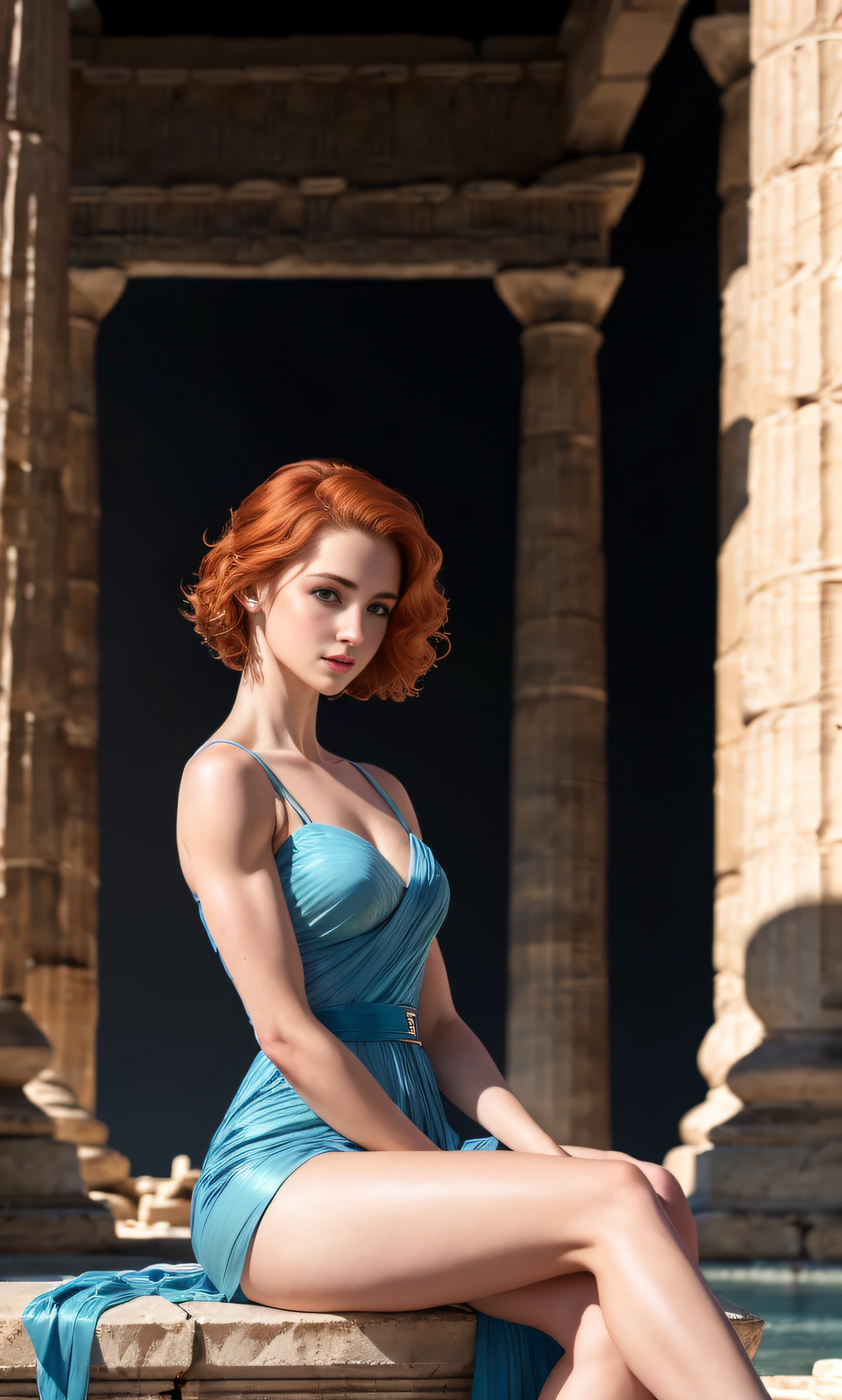 Masterpiece, (((full figure))) entire body in frame, (((magical lighting action shot))) (((beautiful slight smile anorexic pale goddess Irish woman sitting in greek temple))), ((( flowing dress showing off body looking into camera))) , (((short redhead hair))) moody lighting, blue hour, blue colors, very detailed, dramatic lighting, digital art trending on Artstation 8k HD high definition detailed realistic, detailed, skin texture, hyper detailed, realistic skin texture, armature, best quality, ultra high res, (photorealistic:1.4), high resolution, detailed, raw photo, sharp re, by lee jeffries nikon d850 film stock photograph 4 kodak portra 400 camera f1.6 lens rich colors hyper realistic lifelike texture dramatic lighting unrealengine trending on artstation cinestill 800, (((accurate female anatomy, perfect eyes)))