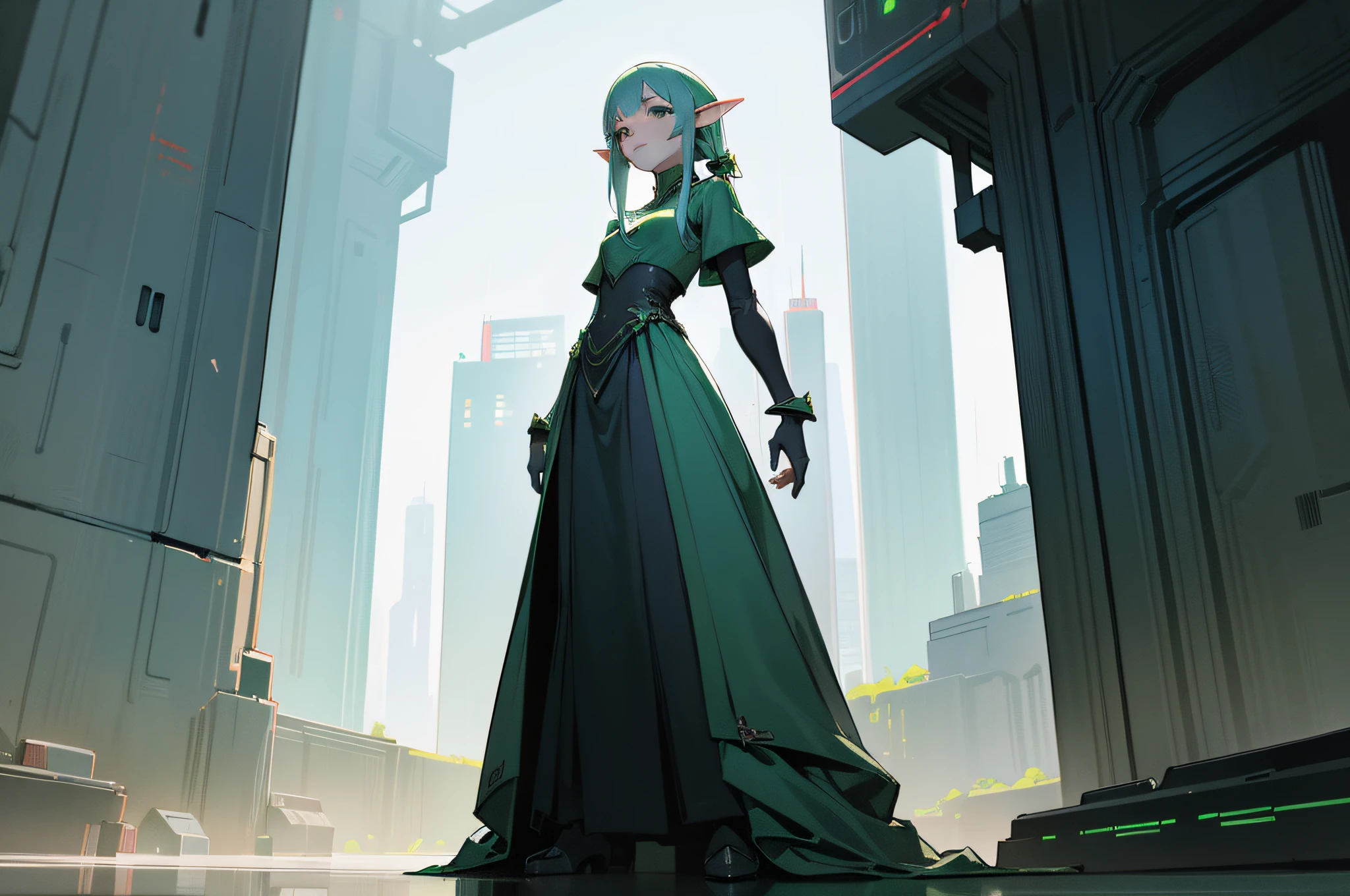 (masterpiece, best quailty), 1girl, solo, green long dress, standing, elf, expressionless, (cyber city),