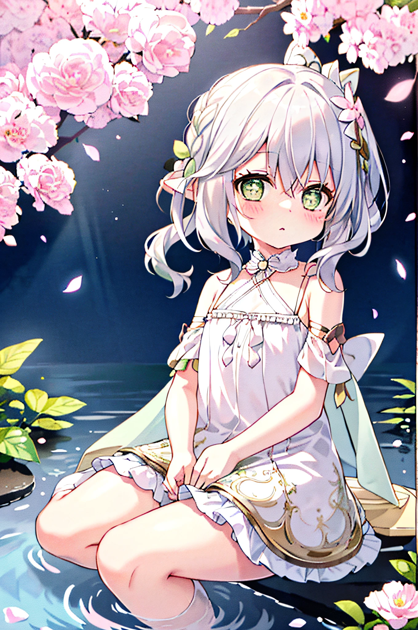 (sitting), (bow), (silver hair), (short hair), (light green eyes), hreat in the eyes, (four-petaled white flower hair ornament: 1.1), (blush), bangs, (a girl in [(nightgown):(((without socks))): 0.4] : 1.2), (bare shoulder), clavicle, (white thighs: 1.2), frilly sleeves, looking at the viewer, [(night: 1.2), peaceful, sky, ((full moon)),stars, house, city, (in a courtyard), water drop,pond,(near pond), tree, flower request, wind: : 0.6 ], (lridescent light refraction), (floating pink petals: 1.2), dreamer