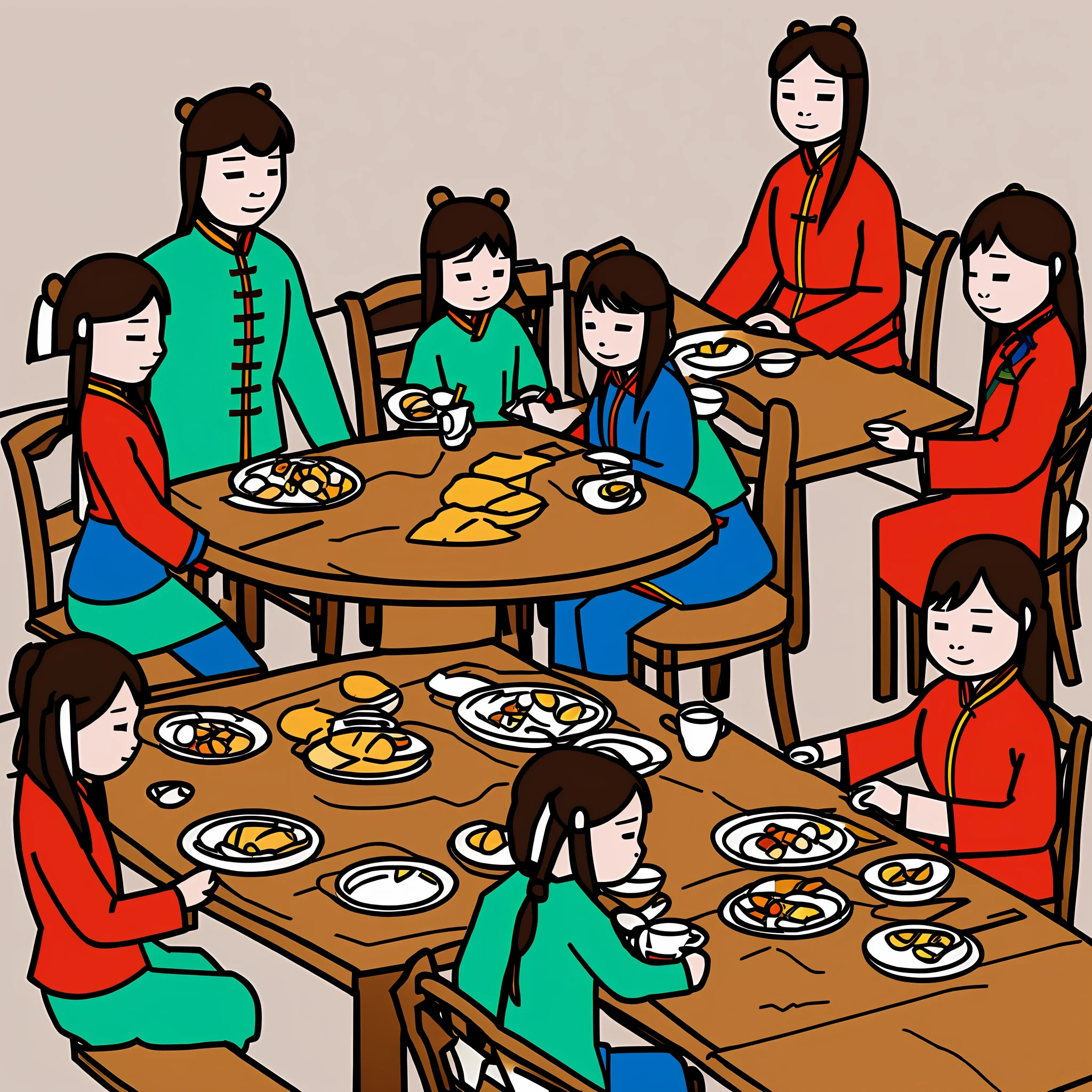 Illustration of Alsack. Chinese Northern Dong costume, four women, two men, two children, eating dinner at the table. The table is filled with various Northern Barrel specialties, sitting around, chatting and enjoying food. Gladly.