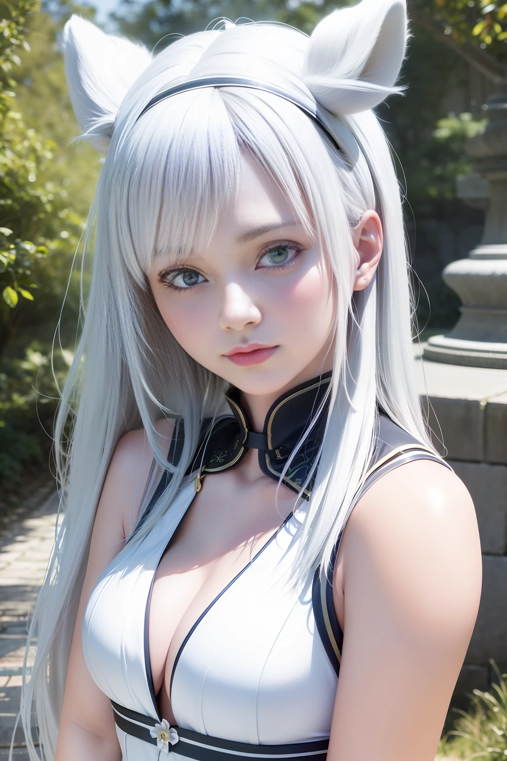 best quality, masterpiece, (photo realistic:1.5),White hair, green eyes, japanese girl, sistineFibeldef, sistineFibelrnd, looking up, upper body