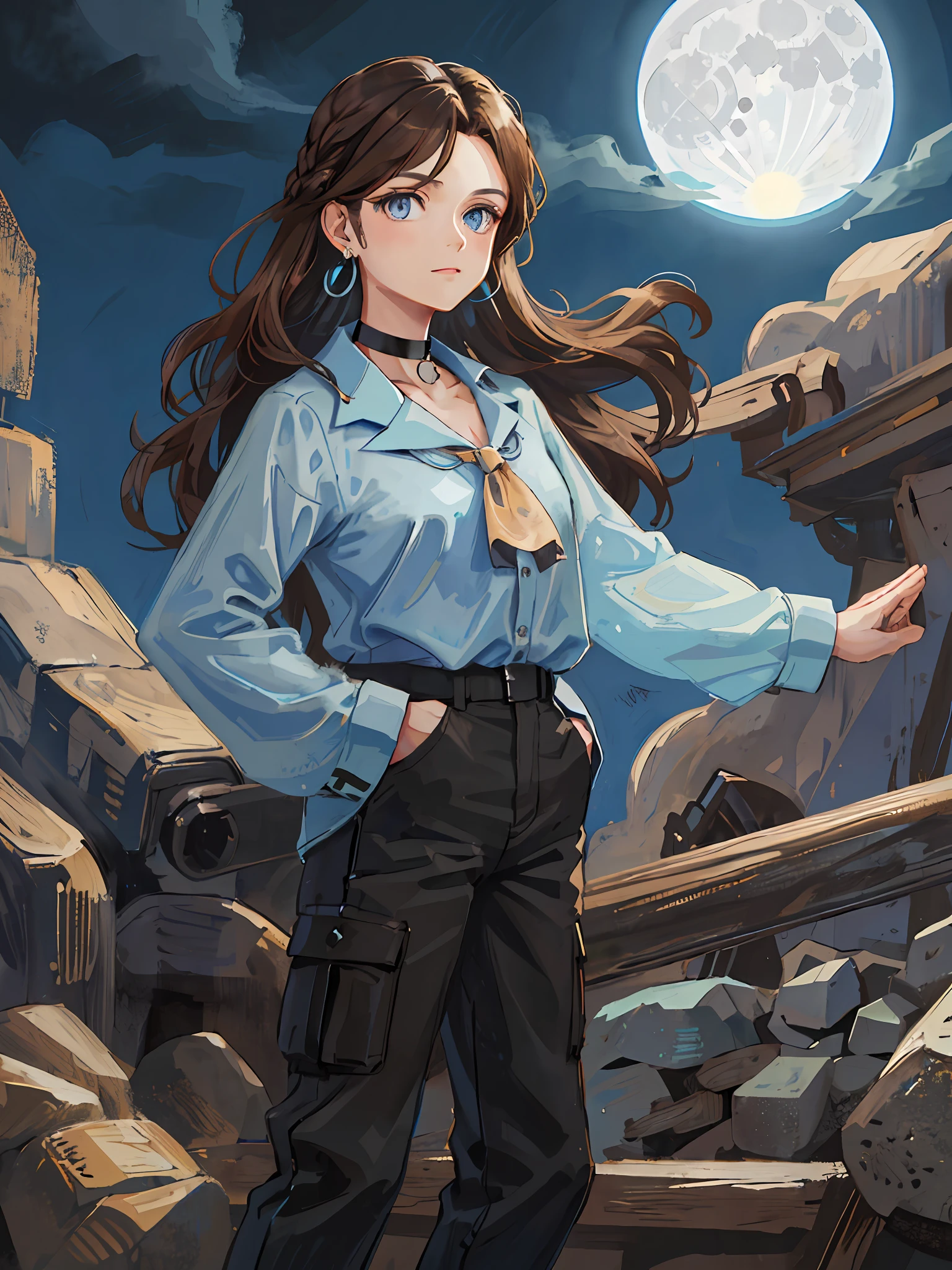 (best quality, masterpiece), portrait, 1 girl, solo, (brown hair, long wavy), (light blue eyes), blue earrings, black choker, black long-sleeved blouse and black long pants with hands in pockets (night background, full moon)