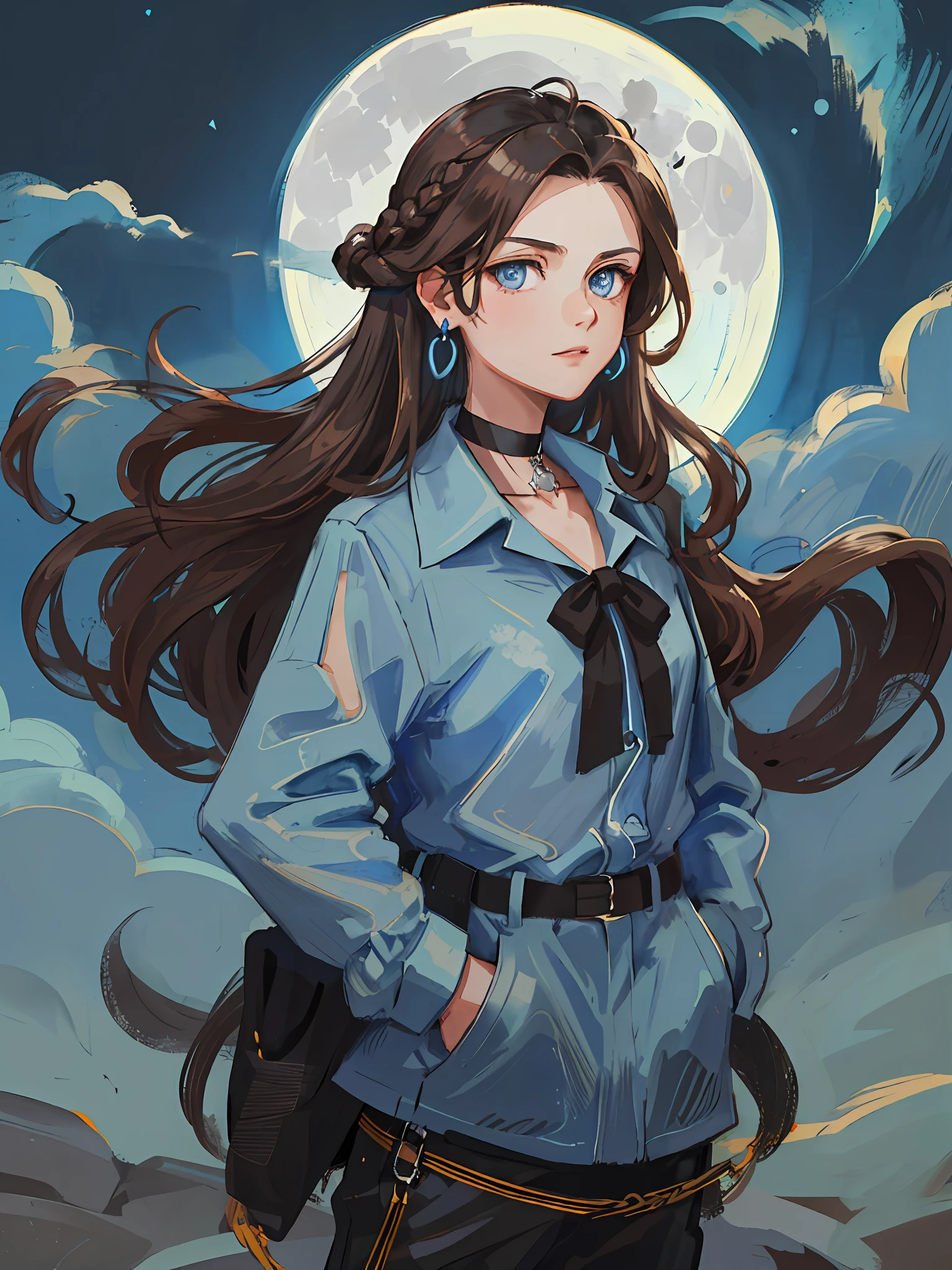 (best quality, masterpiece), portrait, 1 girl, solo, (brown hair, long wavy), (light blue eyes), blue earrings, black choker, black long-sleeved blouse and black long pants with hands in pockets (night background, full moon)