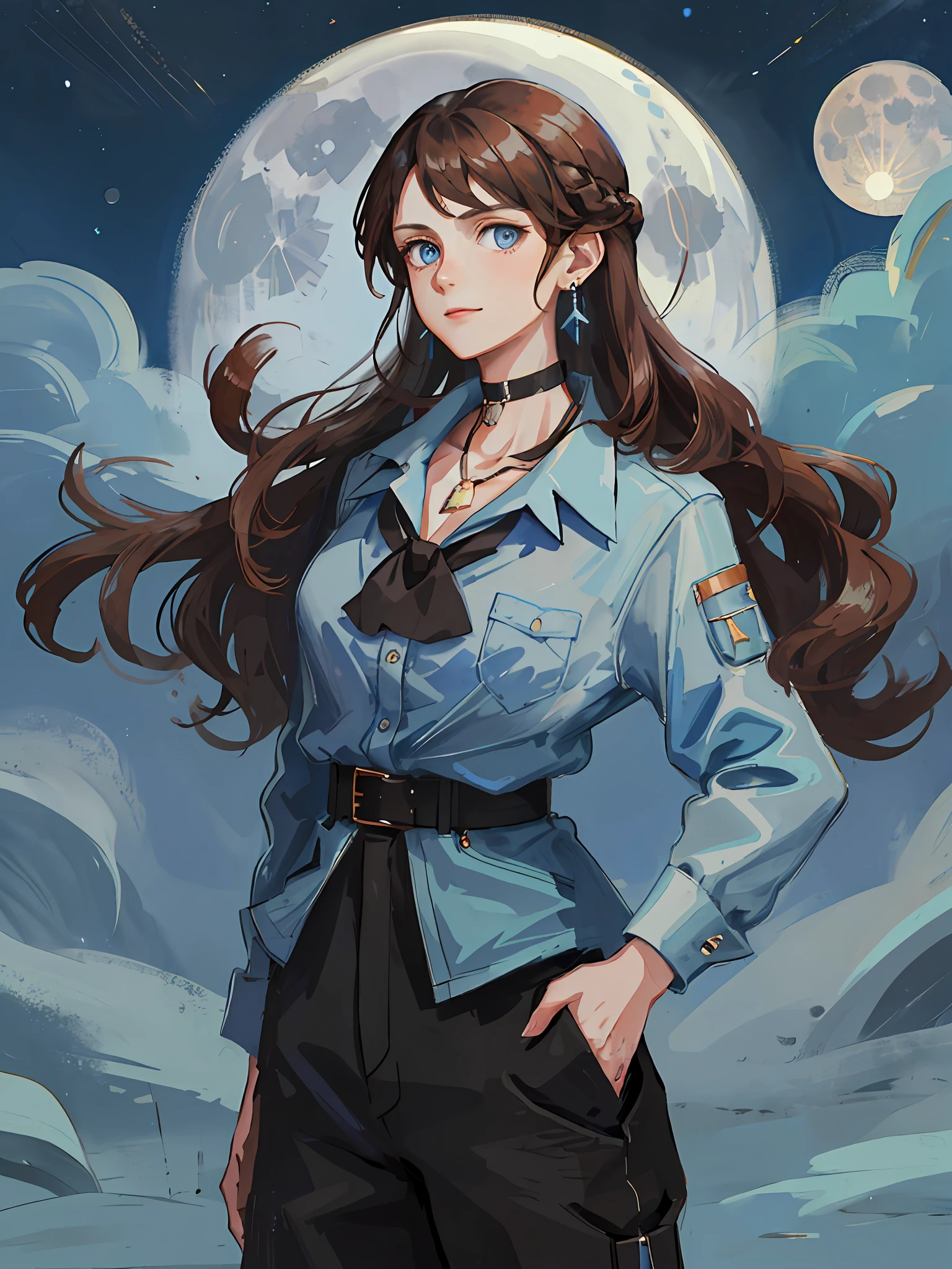 (best quality, masterpiece), portrait, 1 girl, solo, (brown hair, long wavy), (light blue eyes), blue earrings, black choker, black long-sleeved blouse and black long pants with hands in pockets (night background, full moon)