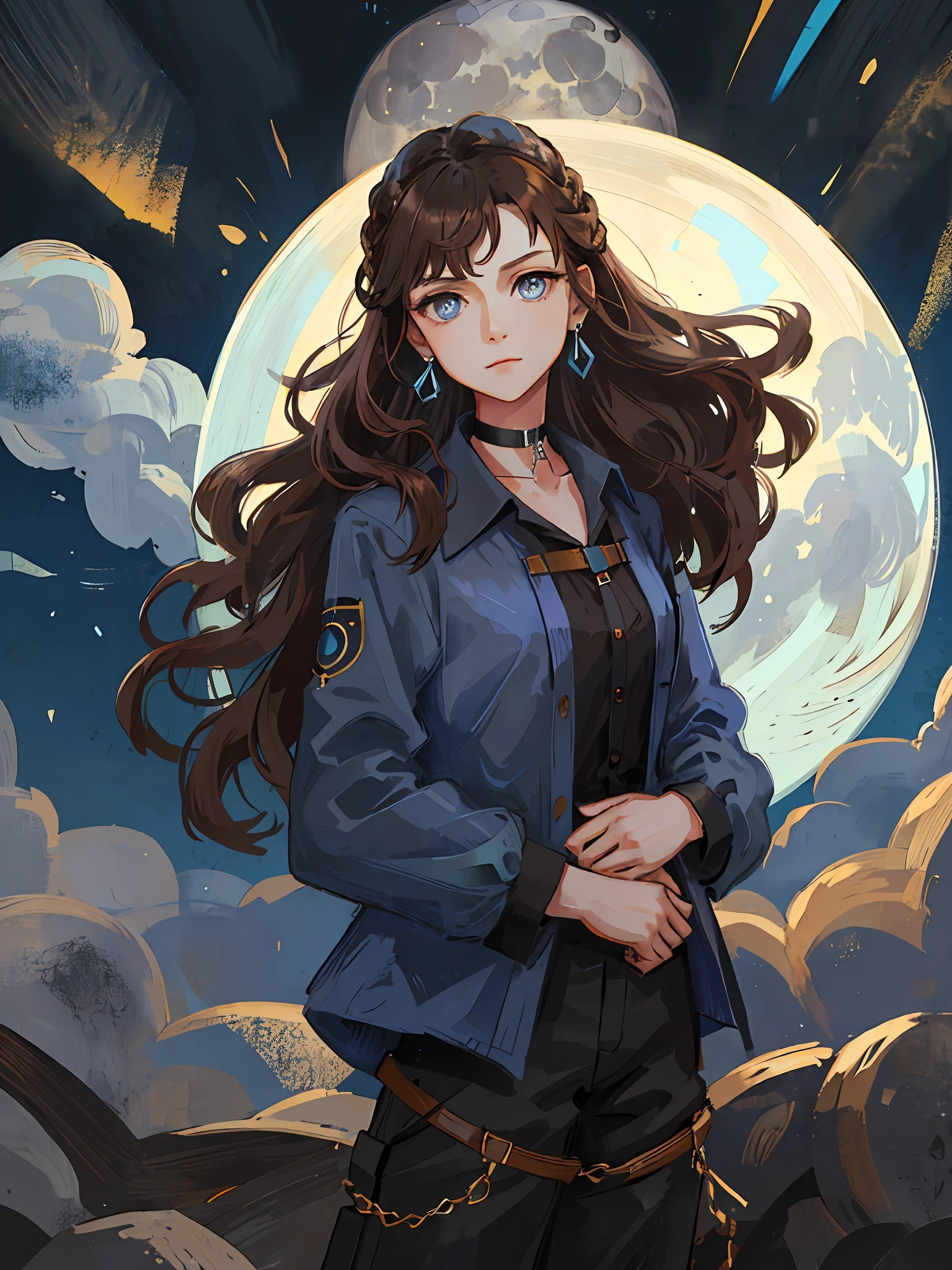 (best quality, masterpiece), portrait, 1 girl, solo, (brown hair, long wavy), (light blue eyes), blue earrings, black choker, black long-sleeved blouse and black long pants with hands in pockets (night background, full moon)