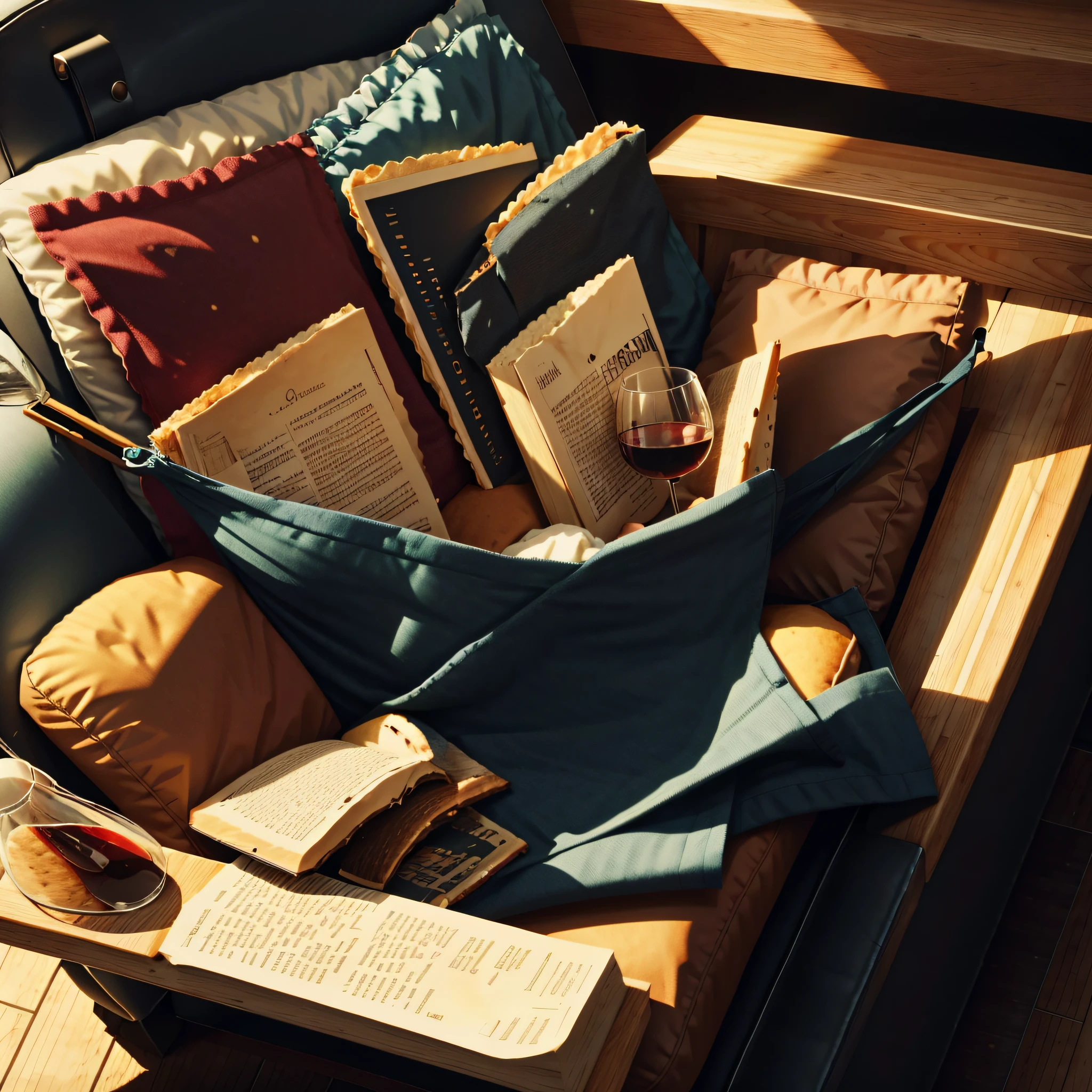 SITTING ON A BLACK COUCH, READING A LARGE BOOK, ARE A GLASS OF WINE, AND SOME SNACKS. ULTRA RESOLUTION, ULTRA REALISTIC.