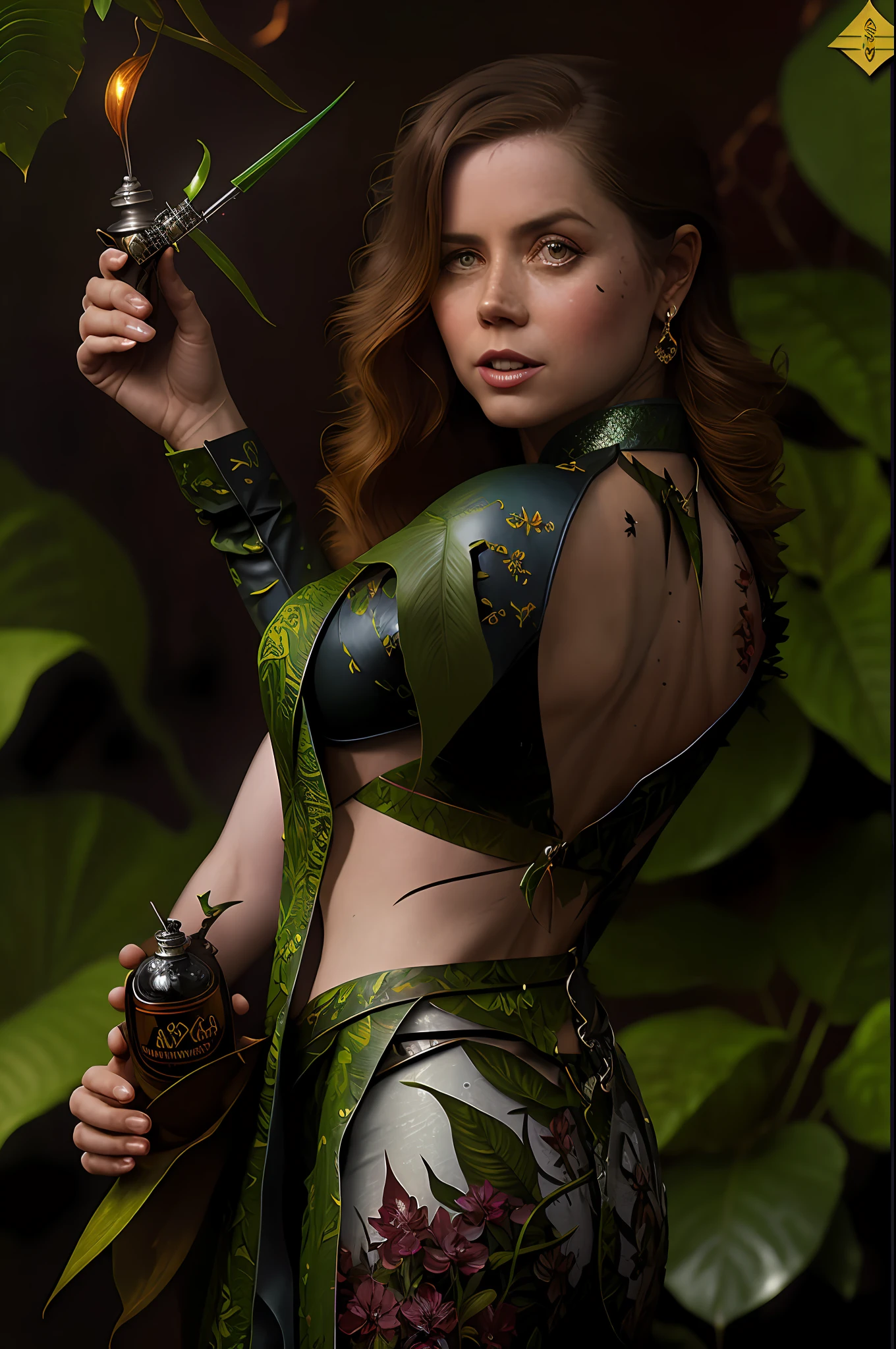 Super sexy Amy Adams as Ivy Poison DC Comics-style Batman villain holding a small vial of poison with various carnivorous plants and banana leaves in the background, vhs effect, (poster: 1.2), poster on the wall, nostalgia, movie poster, (skin texture), intricately detailed, fine detail, hyperdetailed, ray tracing, subsurface scattering, diffuse soft lighting, shallow depth of field, by (Oliver Wetter) Majestic professional oil painting by Ed Blinkey, Atey Ghailan, Studio Ghibli, by Jeremy Mann, Greg Manchess, Antonio Moro, trend at ArtStation, trend at CGSociety, Intricate, High Detail, Sharp Focus, Dramatic Painting and Photorealistic Art by (Greg Rutkowski:1.4), Bokeh