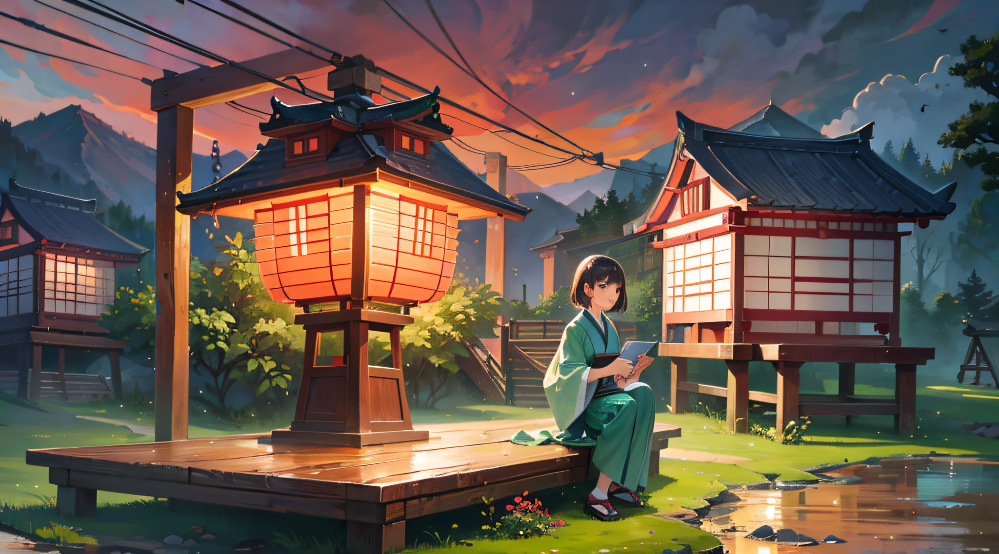 /imagine prompt: Create an illustration of a Japanese landscape in a 16:9 image format, using a lo-fi art style. Taking inspiration from Pixar 3D, the scene showcases a traditional Japanese village nestled amidst lush green mountains. The color palette is vibrant, with a mix of earthy tones and pops of red from traditional lanterns. The characters in the illustration are joyful, engaging in cultural activities. The lighting is warm and diffused, creating a cozy atmosphere. --v 5 --stylize 1000 --auto --s2