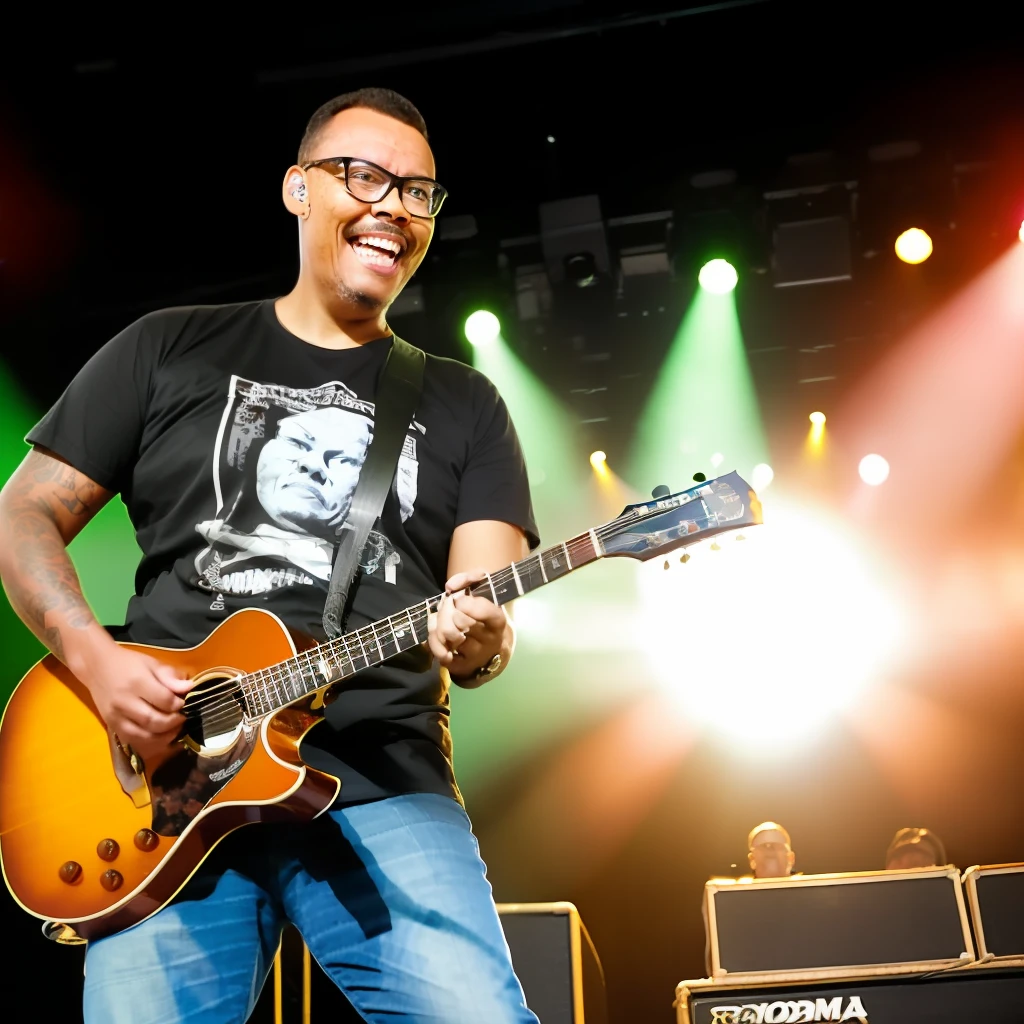 guttonerdvision4, a bespectacled man, ((detailed face and skin)), with jeans and black rock band T-shirt, playing acoustic guitar, stage, concert lighting, audience with hands up, depth of field, realistic