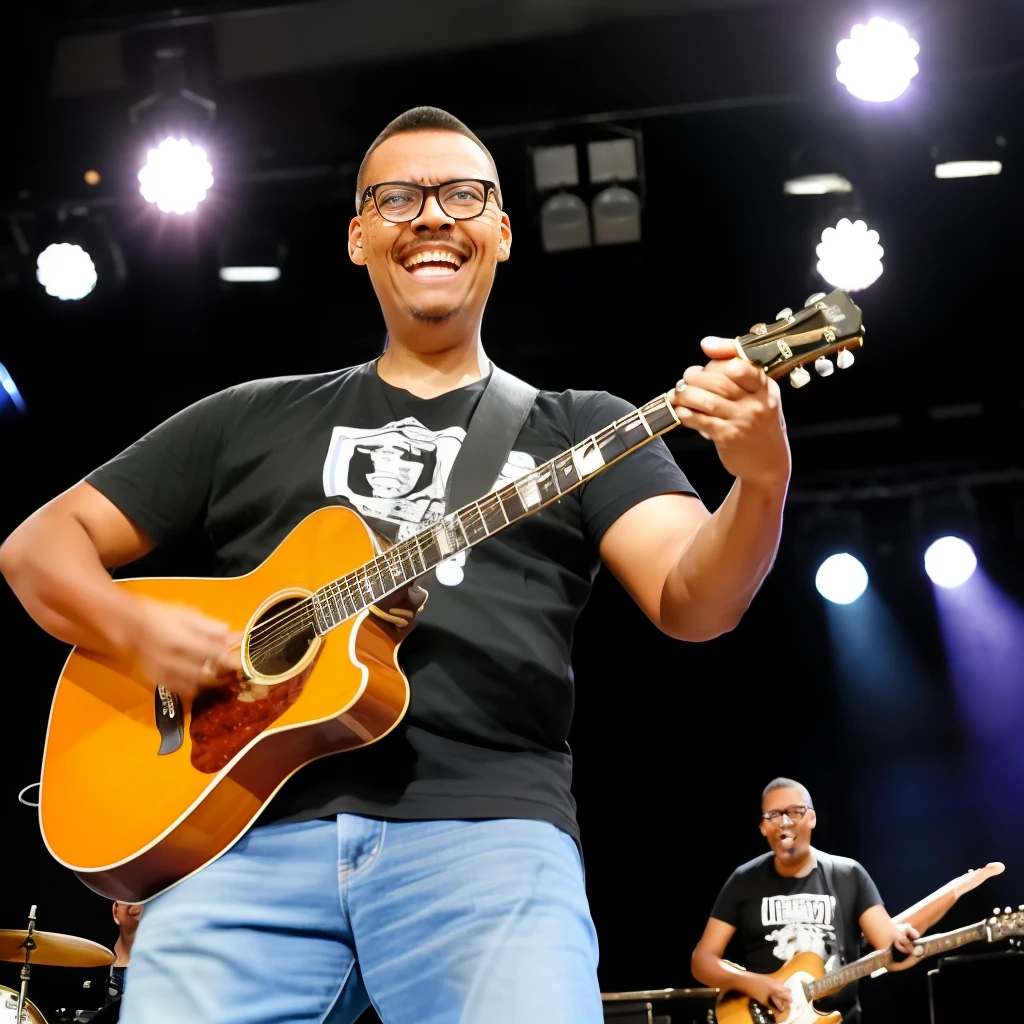 guttonerdvision4, a bespectacled man, ((detailed face and skin)), with jeans and black rock band T-shirt, playing acoustic guitar, stage, concert lighting, audience with hands up, depth of field, realistic