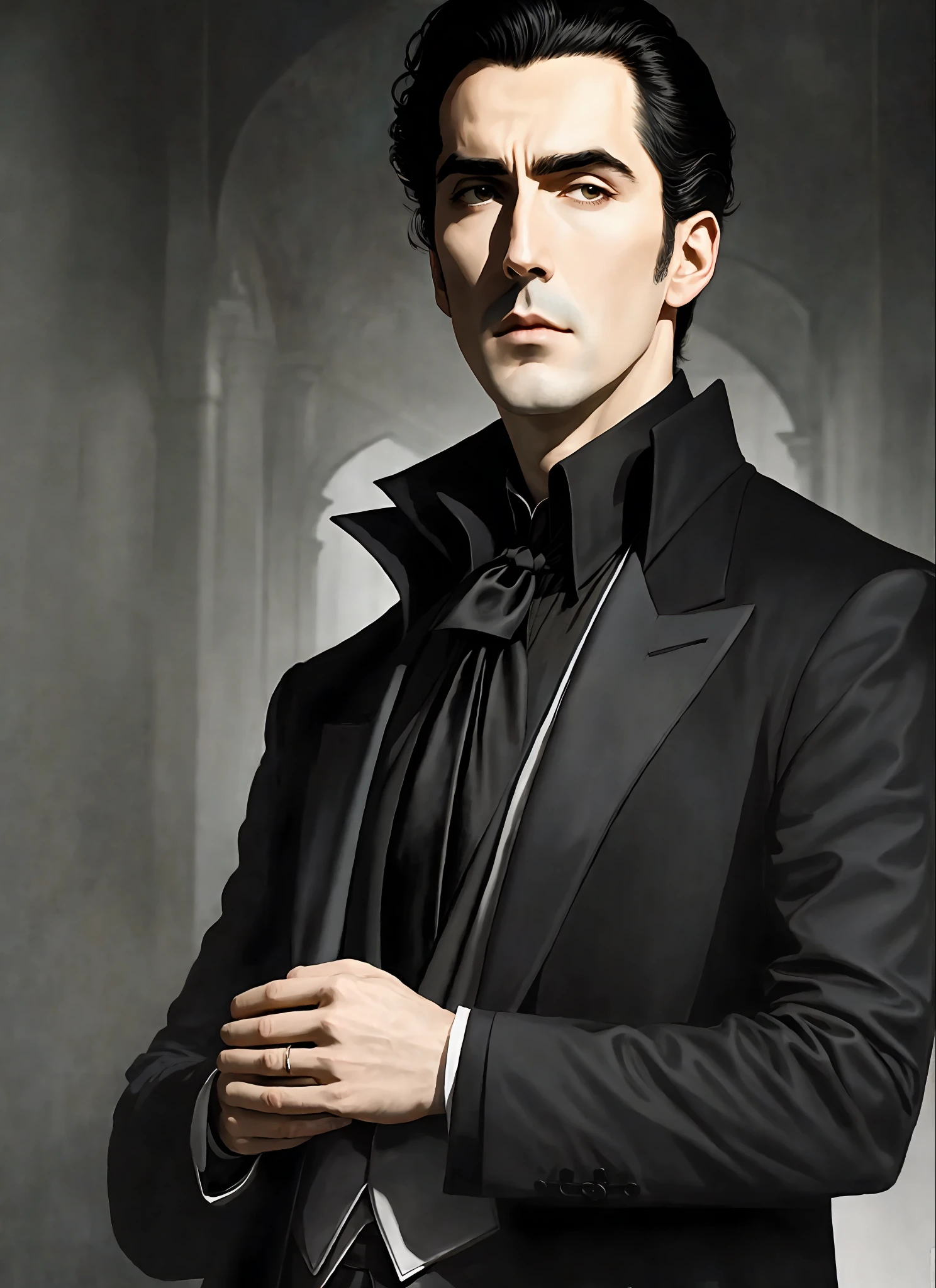 A handsome vampire resembling a young Christopher Lee in modern times with short dark hair combed back into a widow's peak and wearing a long black coat, modern nocturnal setting