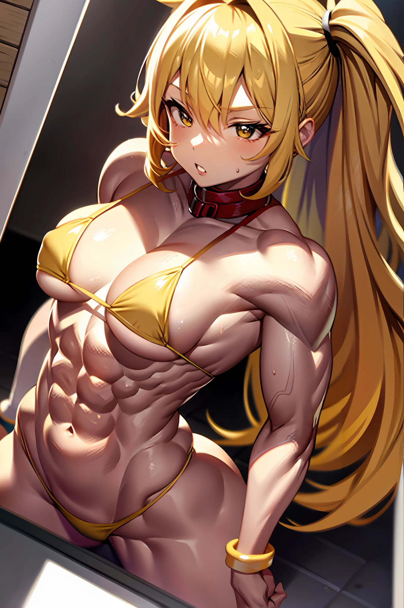 Petite, muscular, woman with muscles, huge chest pov, hentai, yellow hair bikini,