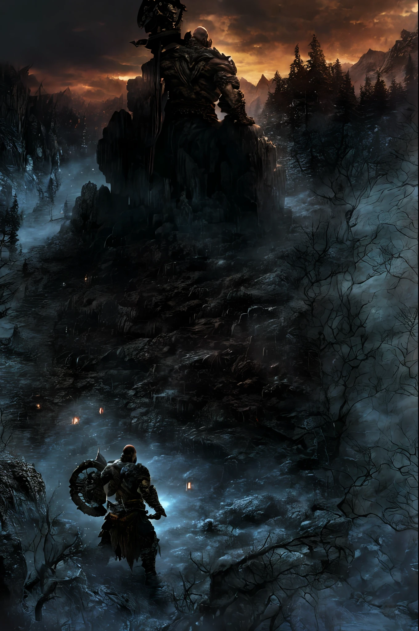 God of war, kratos, manly, muscular, a forest with a giant wolf silhouette behind, realistically, dynamic lights, old, full footage, (extremely detailed 8k wallpaper of the CG unit), trend in ArtStation, trend in CGSociety, high detail, sharp focus, dramatic, photorealistic