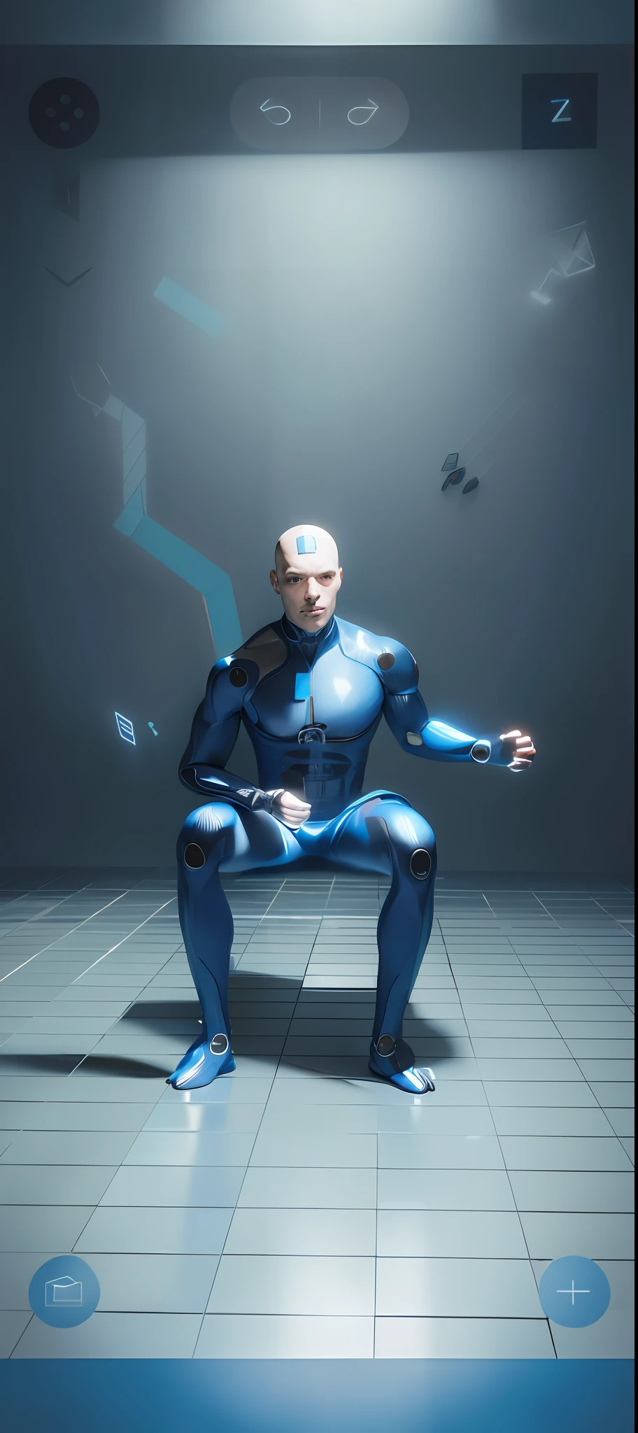 a close up of a person in a body suit on a tiled floor, a cyborg meditating, dynamic pose realistic, 3 d daz occlusion, cyborg tech on body and legs, cyborg biomechanics, depicted as a 3 d render, highly detailed cybernetic body, sitting dynamic pose, quality astral projection render, upper body avatar