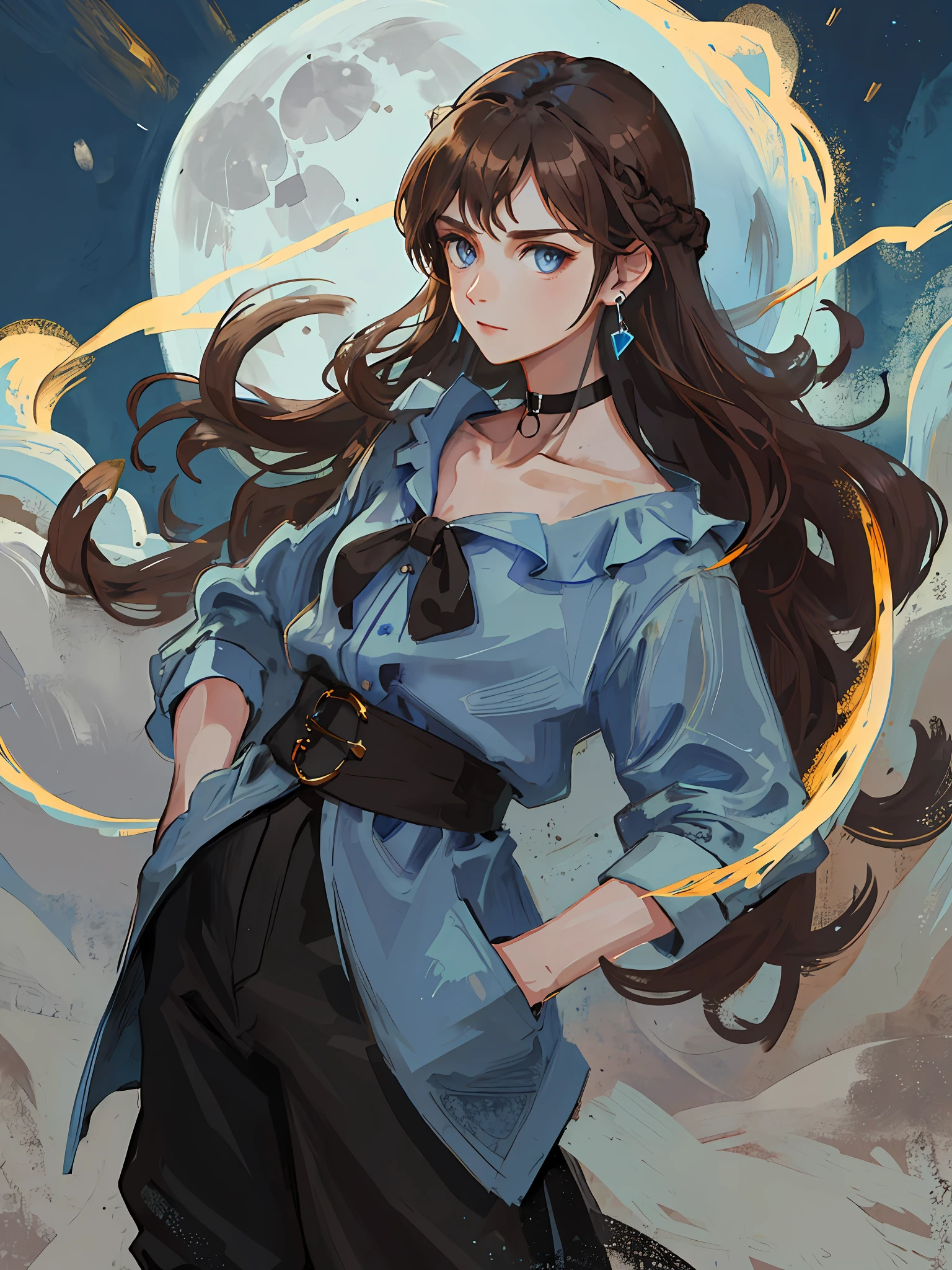(best quality, masterpiece), portrait, 1 girl, solo, (brown hair, long and wavy), (light blue eyes), blue earrings, black choker, black long-sleeved blouse and black long pants, with both hands in pockets (night background, full moon)