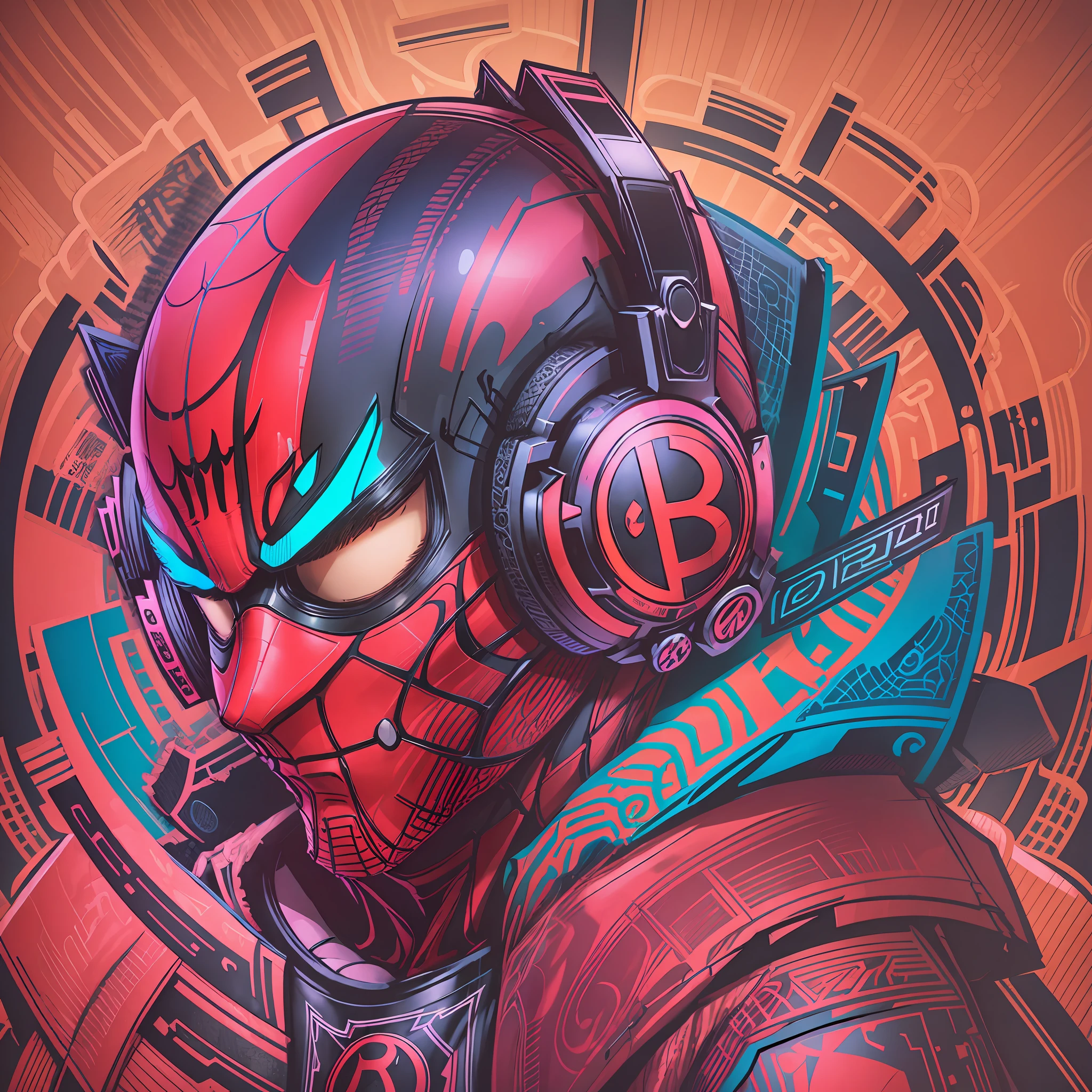 centered, isometric, vector t-shirt art ready to print highly detailed colourful graffiti illustration of Spiderman, wearing headphones with bitcoin logo, face is covered by highly detailed damaged spiderman mask, vibrant color, high detail, 8k  --ar 2:3 --s 1000 --q 2 --style raw --v 5.1