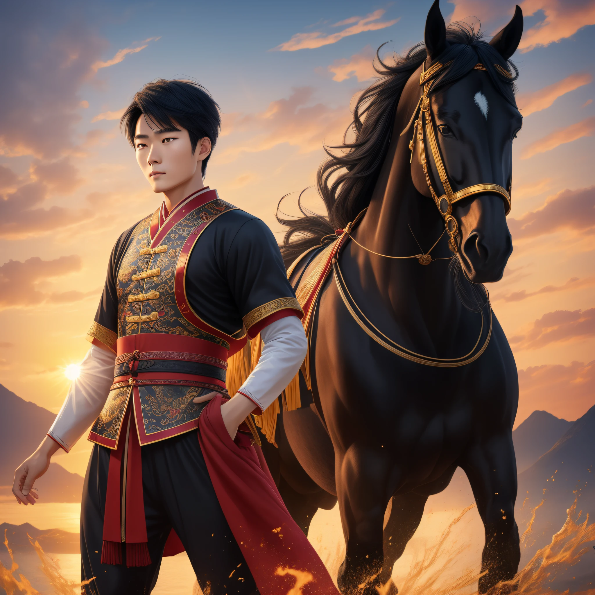 "ung Chinese man, dressed in traditional clothes, standing next to a beautiful black horse, with a majestic and energetic air, under the soft light of the setting sun, his image as if drawn on a delicate Chinese artifact, a detailed masterpiece of CG in 8K resolution, simultaneously illuminated and shaded in its perfect harmony."
