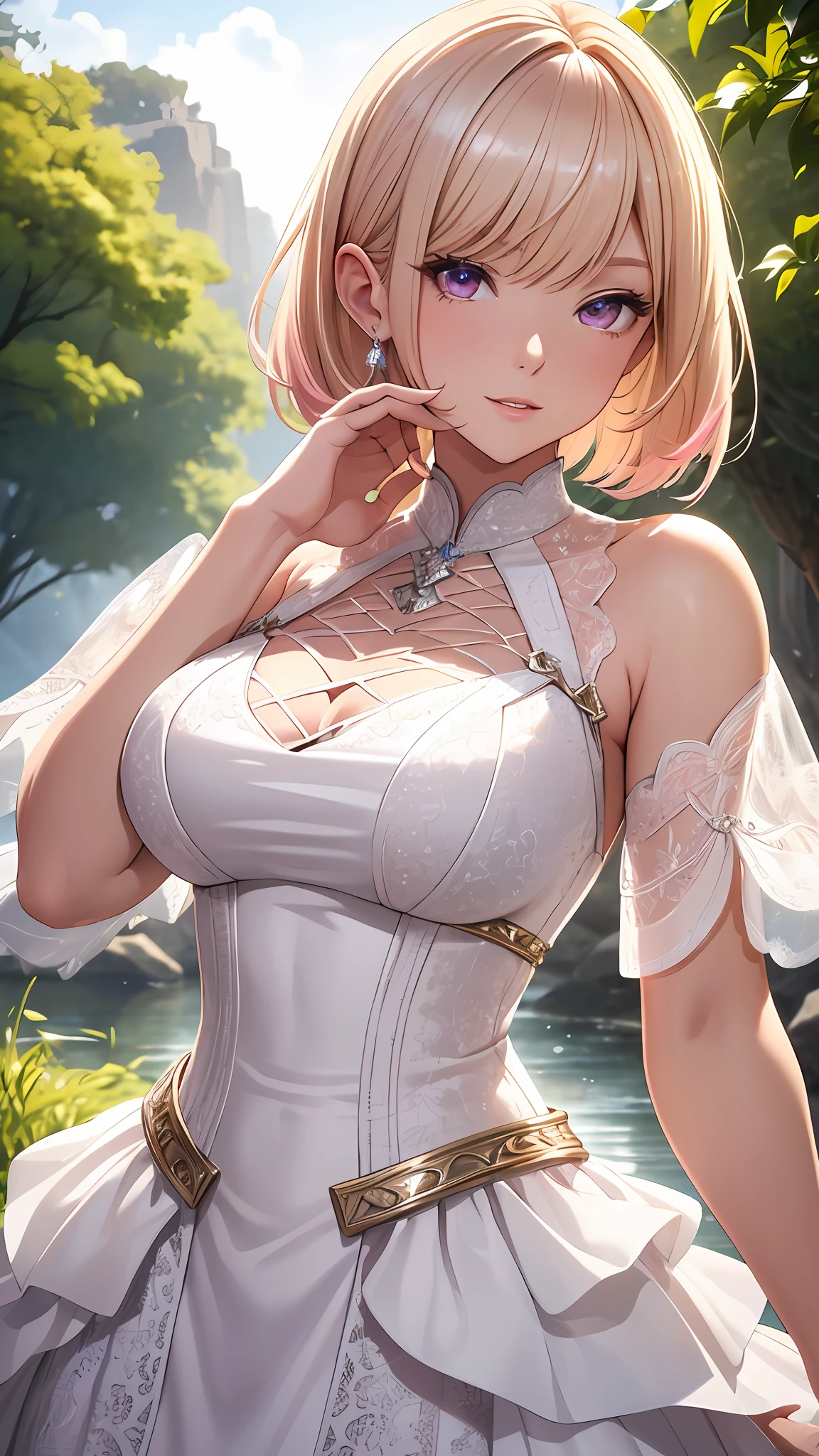 Realistic, Hyper Detail, Girls Only, Layered Bob, Dynamic Lighting, ((Bold imaginative pose)), (Glossy skin: 1.5), Masterpiece, Top Quality, Absurdity, Watching Viewer, (Blonde and Pink Hair), Purple Clear Eyes, Slender, High Resolution, Sharp Focus, Depth of Field, Detail Eyes, Sharp Eyes, (Realistic Eyes)), ( Medium: 1.4), outdoors, sunrise sky, many white hydrangea backgrounds, (caramel tou: 1.2)), (attractive delicate design river trimmed lace dress made of many strings and (intricately patterned silver armor wearing): 1.3))