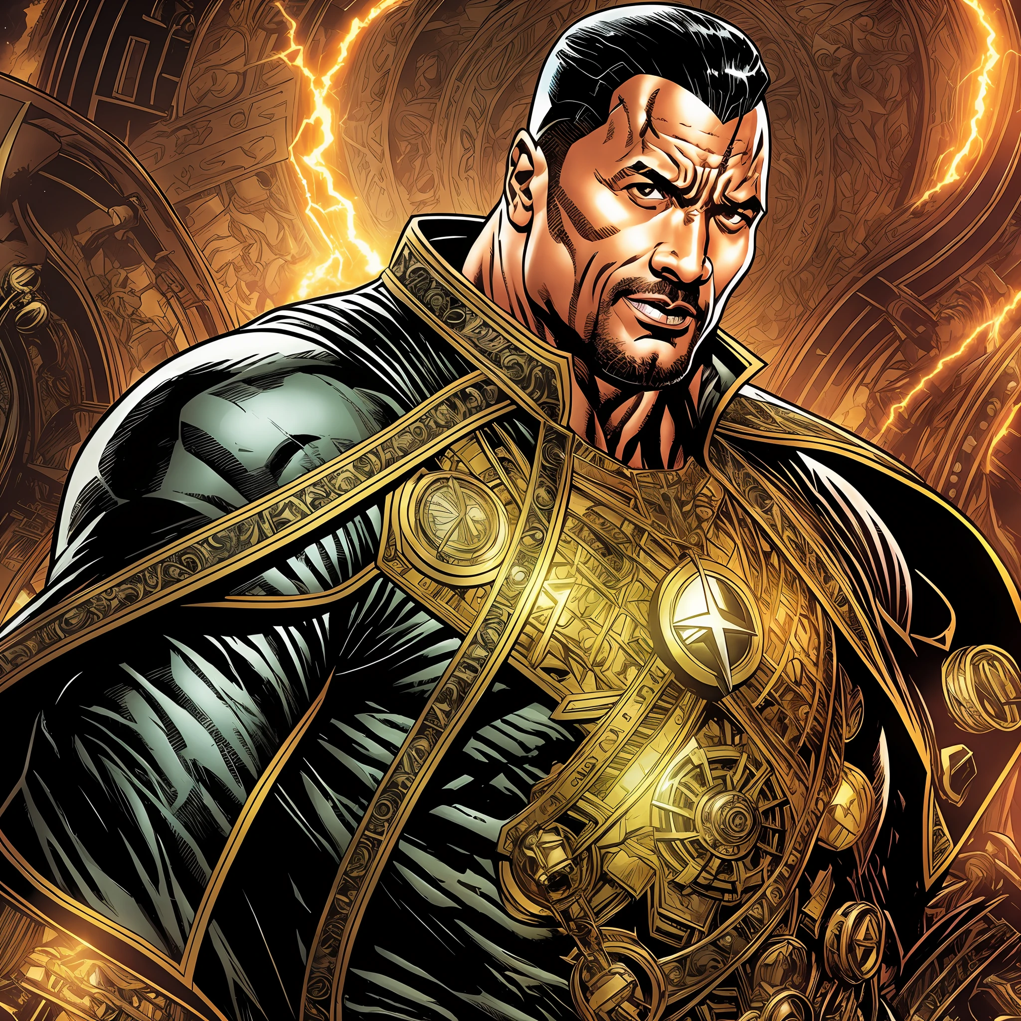 Dwayne Johnson as Black Adam in Black Adam, style steampunk, with a vibrant and comic book-style aesthetic, featuring bold colors, Dramatic Lighting, And intricate details, Art by jim lee, scott campbell, Alex ross, adam hughes, and frank frazetta, with inspiration from classic comic book covers and panels, (frontal view), Perfectly centered --auto --s2
