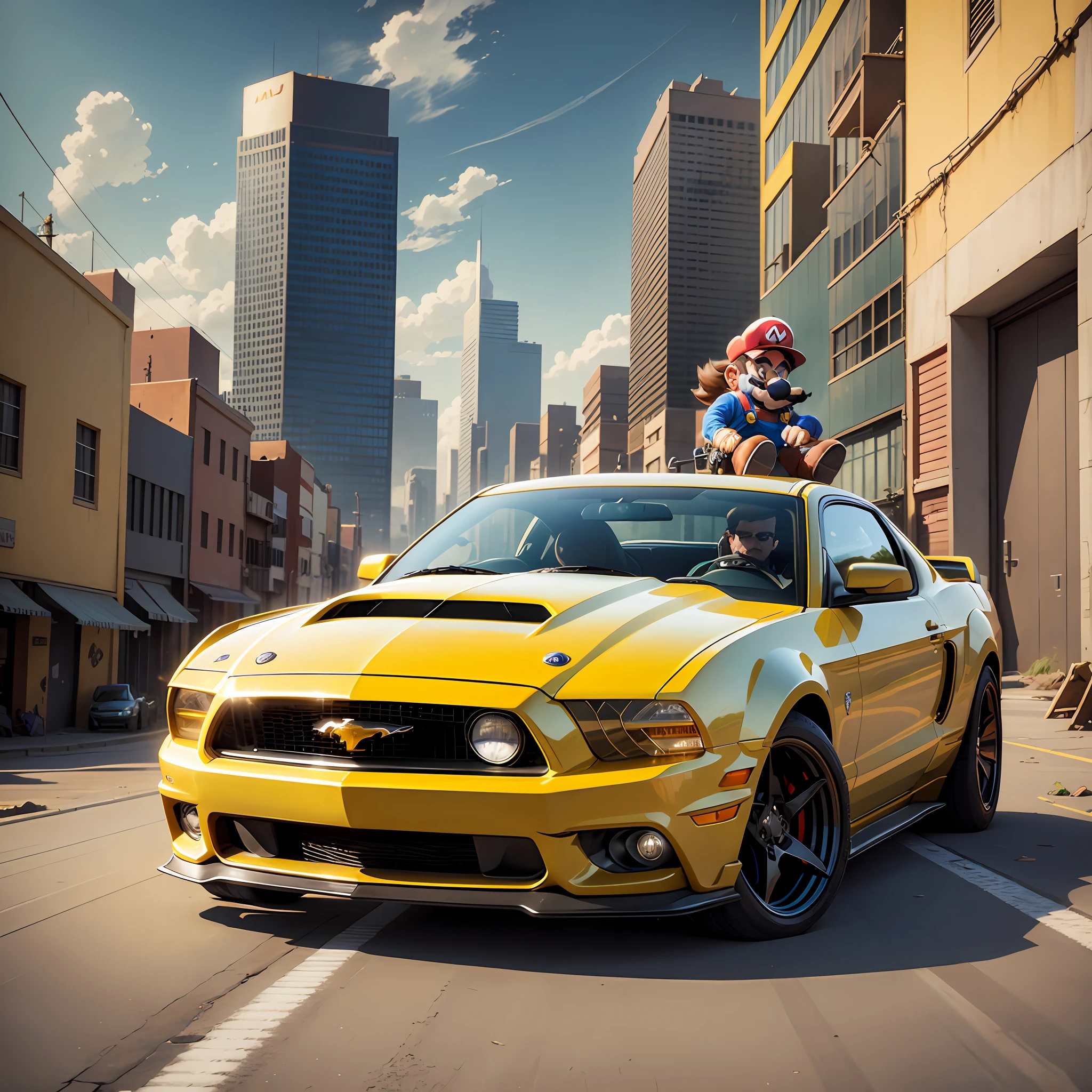 Mario Bros next to a yellow Ford Mustang, (seen from the side of the car), in the face of evil countenance, wearing sunglasses, in the background a deserted city in the western style, high definition, best quality, rich in data, 4k, anime style. - --auto --s2