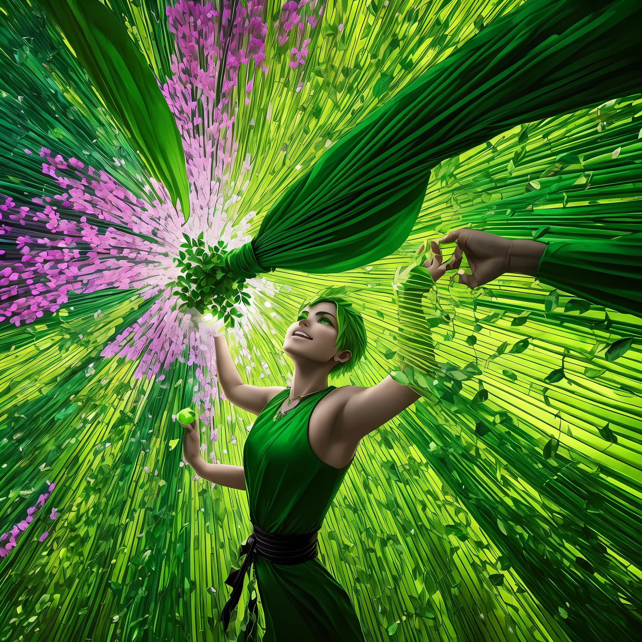 (Green characters with a strong contrast of greed) standing in a vibrant green backdrop, reaching out hand to catch more, crying loud for somebody, holding precious gems but struggling to hold onto them and each other. --auto --s2