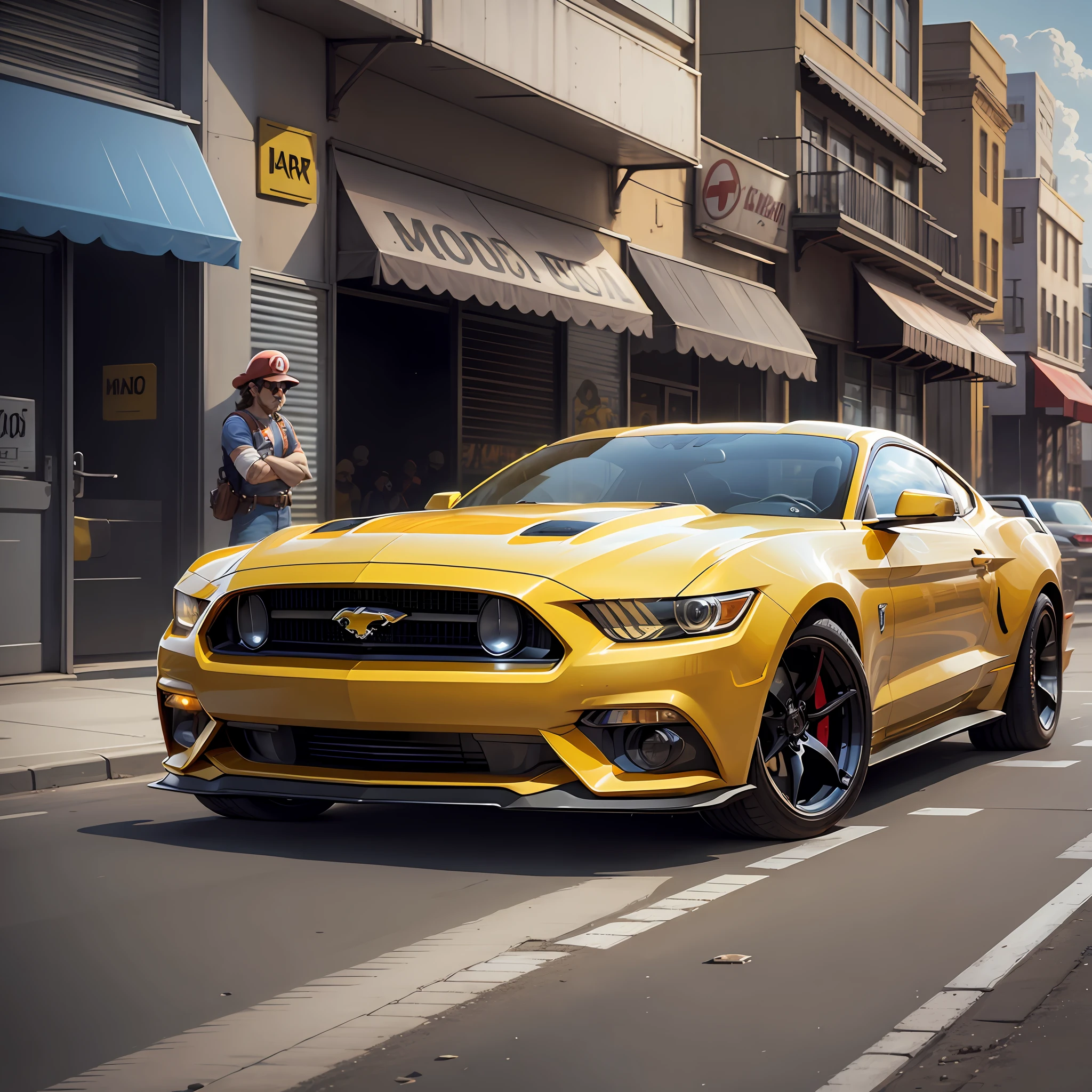 Mario Bros next to a yellow Ford Mustang, (seen from the side of the car), in the face of evil countenance, wearing sunglasses, in the background a deserted city in the western style, high definition, best quality, rich in data, 4k, anime style. - --auto --s2
