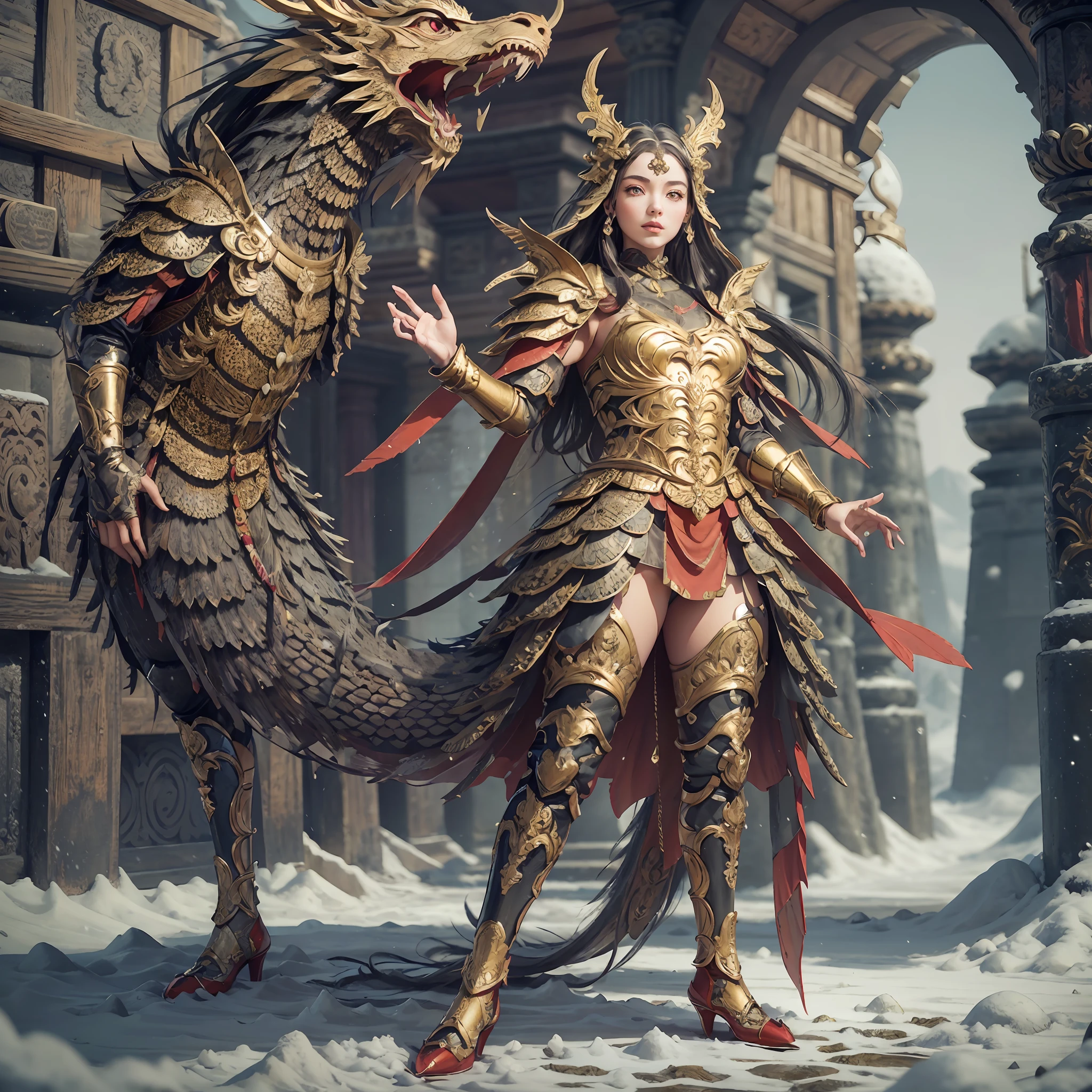 a Girl in the form of an adult dragon, with realistic seductive aspect, beautiful + cute snow white, big bright eyes, sweet smile, dressed as a fashion model, wearing a fashion suit texture of red and black crystal, big bright eyes, standing, winter rising, volcano and lava fluttering, extremely detailed 3d animation, rendering symmetrical central position,  super realistic, super detailed, luxurious, 3, movie lights, super obsscure details super transparent materials, full body view, head to toe, complex texture, octane rendering, zbrush, 8k, ureal super realistic --auto --s2