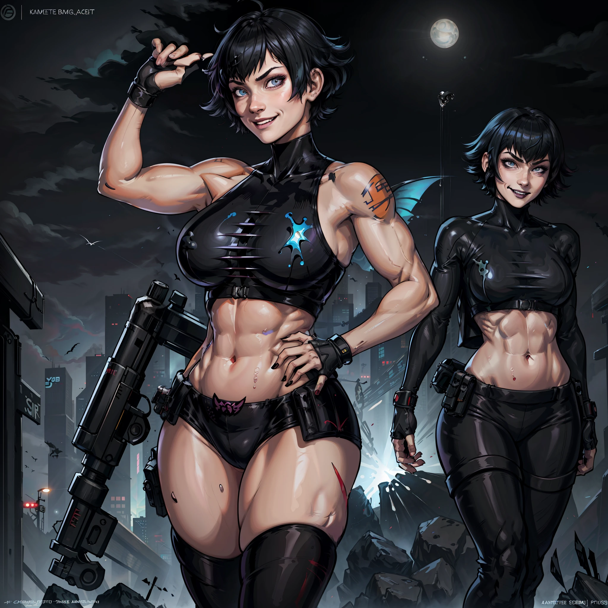 character concept art, pose, kawai, 1girl, fair skin, Yusuke Murata style, short hair, black hair, heterochromia, tattoos on right arm, anime digital art, beautiful anime girl, female anime girl, muscular!, big oppai, Ilya Kuvshinov, anime badass 8k, cyberpunk hair, very attractive, gothic, vampire eyes, beautiful face, sweaty body, short black hair, perfect body,  Fit body, abs, big breasts, chubby butt,prancing ass, plump butt, goth clothes, cyberpunk clothes, vampire clothes, muscular, beach background at night, pale skin, vampire, kawai face, sensual body, ( cum smile on face, cum in hair, cum projectile :1.3 )