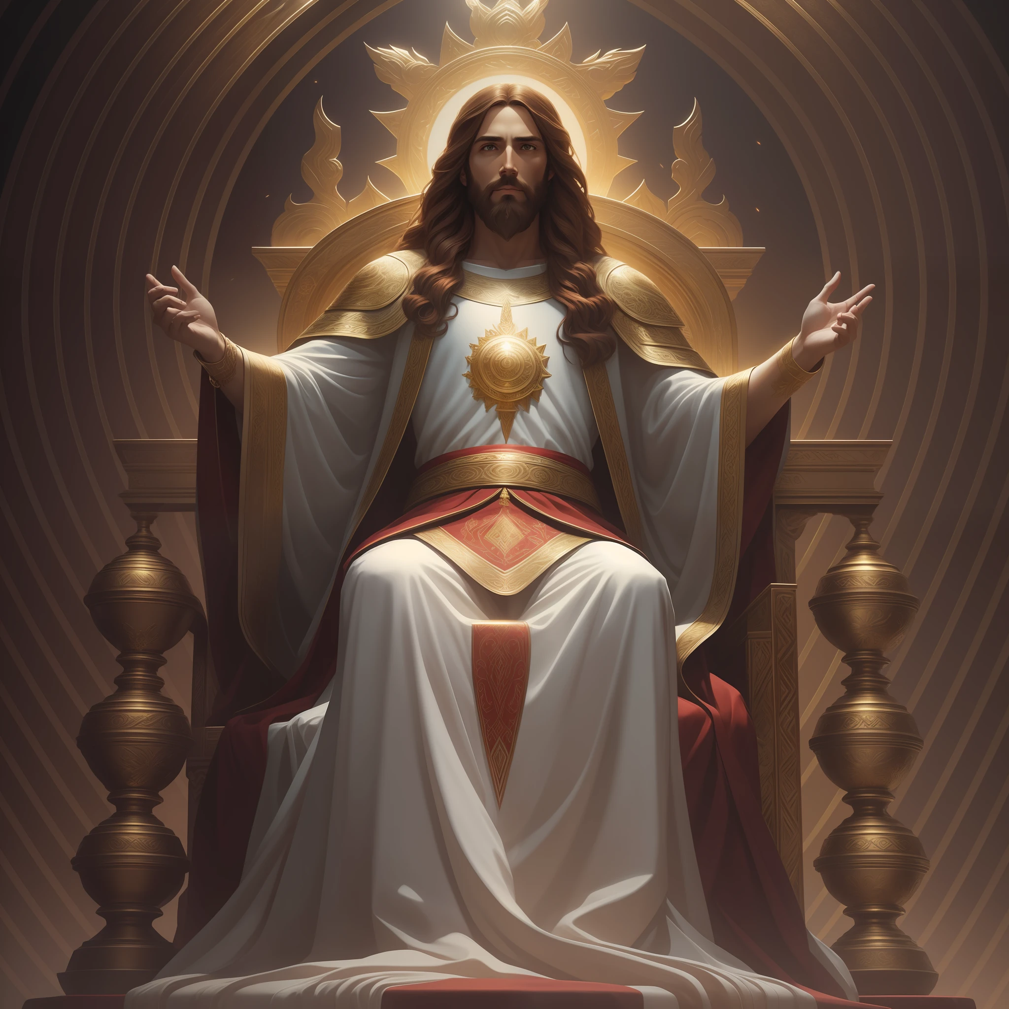 Jesus sitting on the divine throne with power and majesty well dressed with white and red tonic, medium hair and medium brown beard, ((masterpiece)), best quality, high quality, 8k unit wallpaper, award-winning photography, Bokeh, Depth of Field, HDR, bloom, chromatic aberration, photorealistic, extremely detailed, intricate, high detail, dramatic, art in the middle of the journey, volumetric lighting, Art by Artgerm and Ruan Jia and Greg Rutkowski Surreal Painting