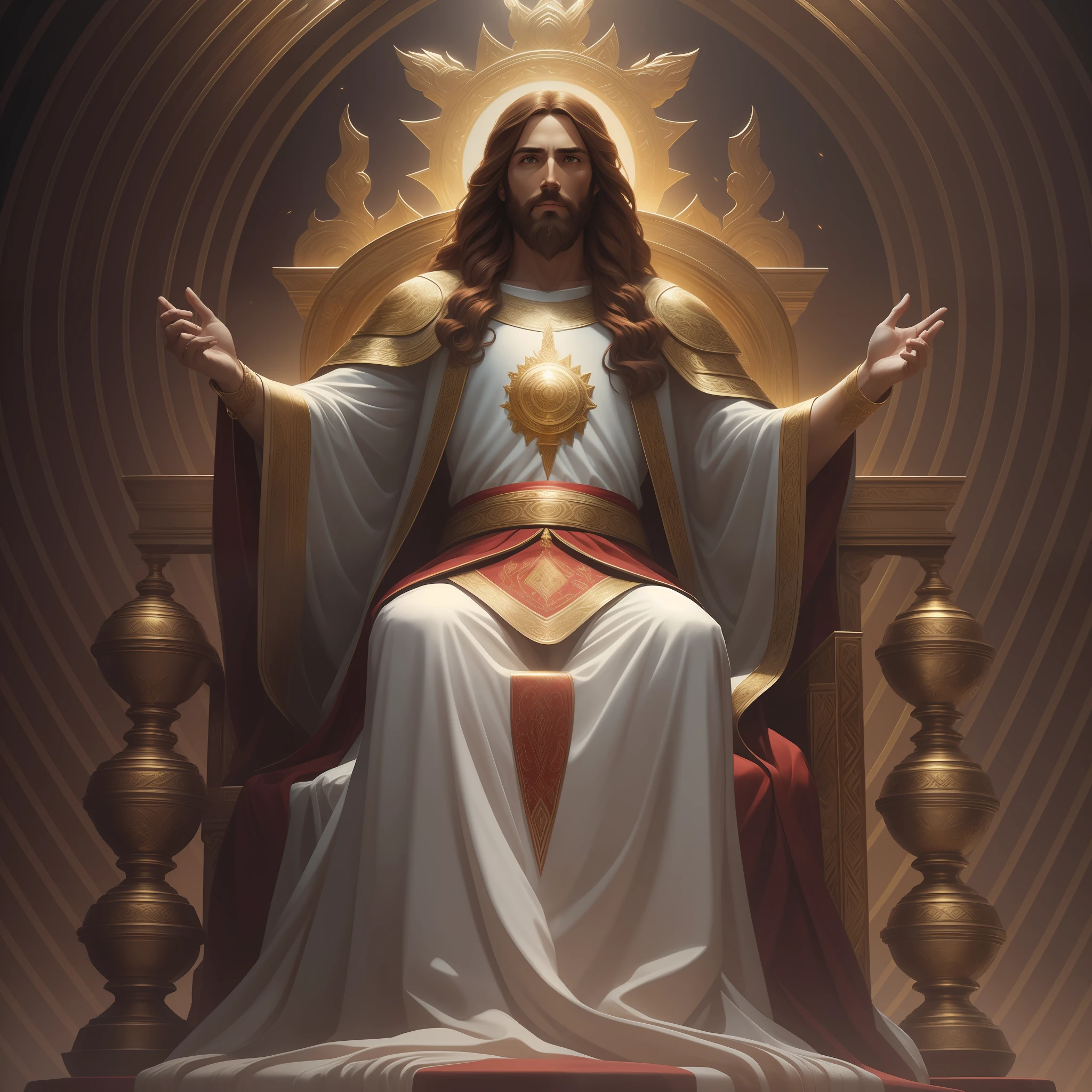 Jesus sitting on the divine throne with power and majesty well dressed with white and red tonic, medium hair and medium brown beard, ((masterpiece)), best quality, high quality, 8k unit wallpaper, award-winning photography, Bokeh, Depth of Field, HDR, bloom, chromatic aberration, photorealistic, extremely detailed, intricate, high detail, dramatic, art in the middle of the journey, volumetric lighting, Art by Artgerm and Ruan Jia and Greg Rutkowski Surreal Painting
