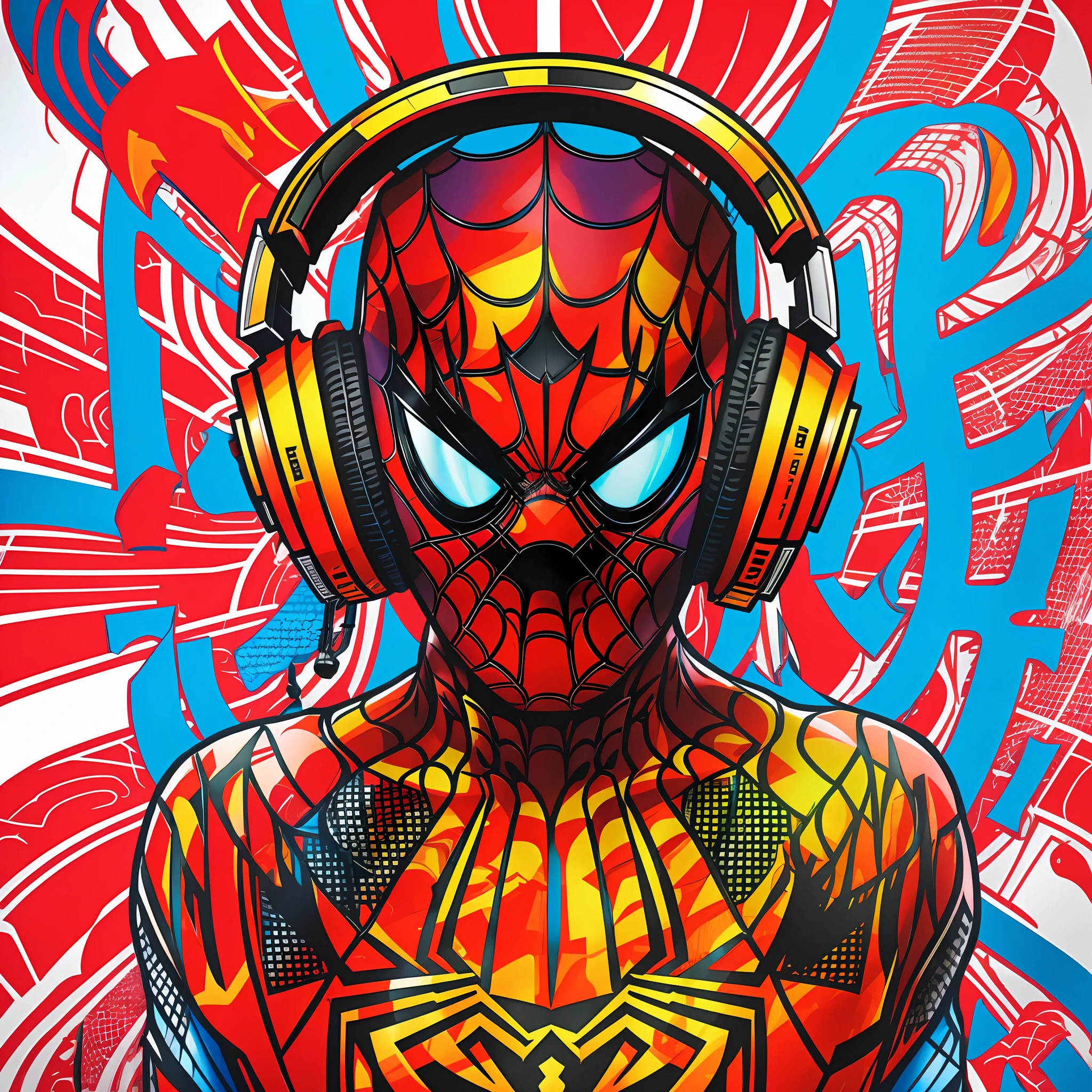 centered, isometric, vector t-shirt art ready to print highly detailed colourful graffiti illustration of Spiderman, wearing headphones with bitcoin logo, face is covered by highly detailed damaged spiderman mask, vibrant color, high detail, 8k  --ar 2:3 --s 1000 --q 2 --style raw --v 5.1