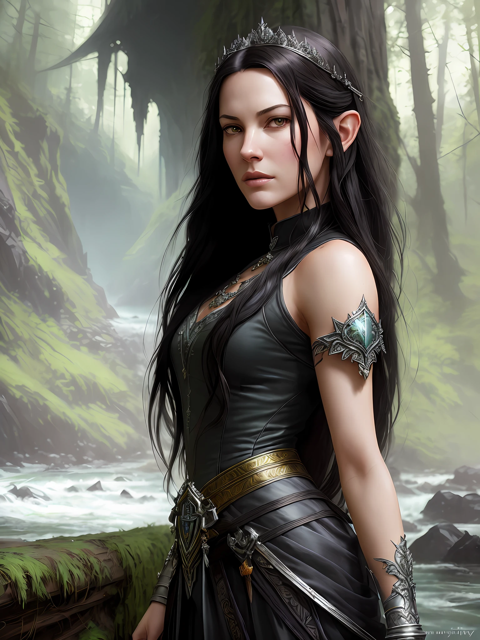 High detail RAW color art, animation, white skin, Liv Tyler as Arwen, ((crosses the river)), redwood forest, portrait, elf, ((cartoon style)), ((lord of the rings)), silver tiara, (beautiful and elegant face), (violet silk elven dress), ((long black hair)), (detailed skin, skin texture), elf, magical atmosphere, (muscle), mossy rock (detailed skin, skin texture),  intricately detailed, fine detail, hyper-detailed, raytracing, Atey Ghailan, by Jeremy Mann, Greg Manchess, Antonio Moro, trends in ArtStation, trends in CGSociety, intricate, high detail, sharp focus, dramatic and photorealistic art by midjourney and greg rutkowski, bokeh in background, brown skin.
