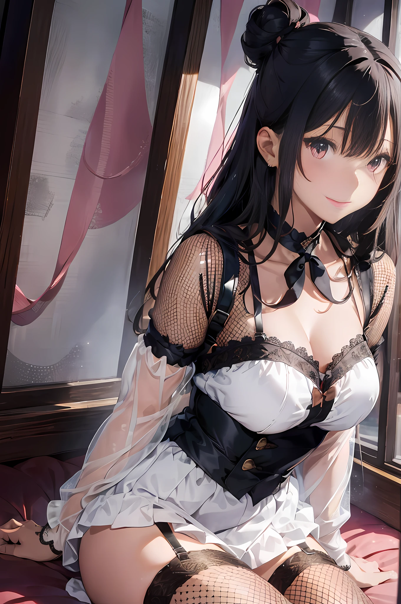 (masterpiece, best quality, ultra detailed, high resolution, absurdres:1.4), (shiny black hair, twin-buns style, smooth and white shiny skins:1.2), (super fine illustration, extremely detailed CG unity 8k wallpaper), 1girl, extremely cute and beautiful girl. slender, abs, medium breasts, red, gold, BREAK, (lace), (single fishnet legwear, single garter strap, cross-laced sleeves, cross-laced clothes:1.2), heart, collar, ribbon choker, ear piercing, BREAK, white silk Chinese dress, red knee-length pleats long skirt, BREAK, background is Japanese hotel in the night, ryokan, wasitu background, light grin smile, sitting, wariza, hands on between legs, ufotable style, anime screen cap, pink lipstick, perfect anatomy, perfect proportion, beautiful detailed face,