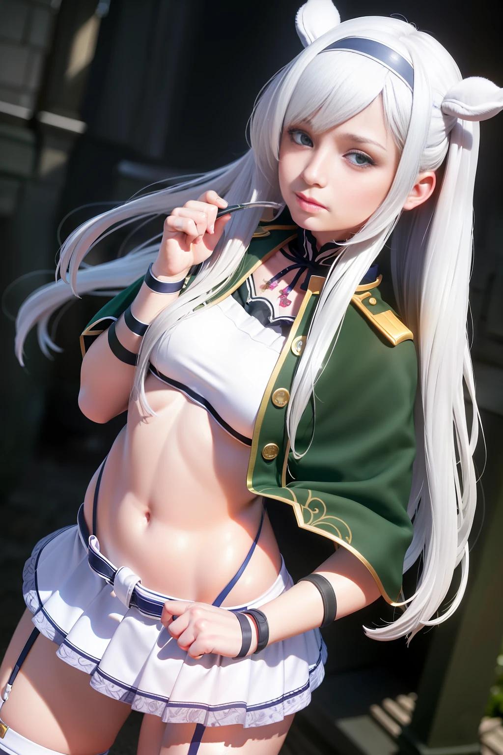 best quality, masterpiece, (photo realistic:1.4),White hair, green eyes, sistineFibeldef, sistineFibelrnd, looking up, upper body