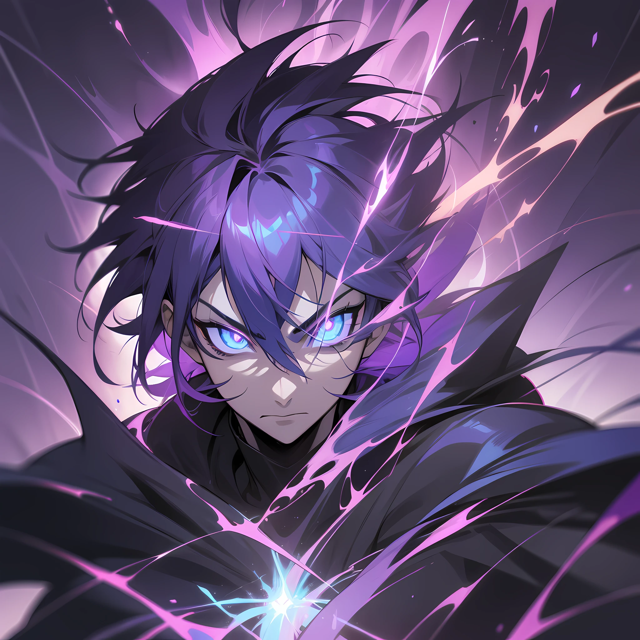 a close up of a person with a purple and black background, glowing black aura, evil aura, badass anime 8 k, dark aura, an epic anime of a energy man, blue fire powers, epic anime style, menacing aura, darkness aura, emanating menacing aura, transforming into his final form, inverse dark glowing power aura, glowing in power