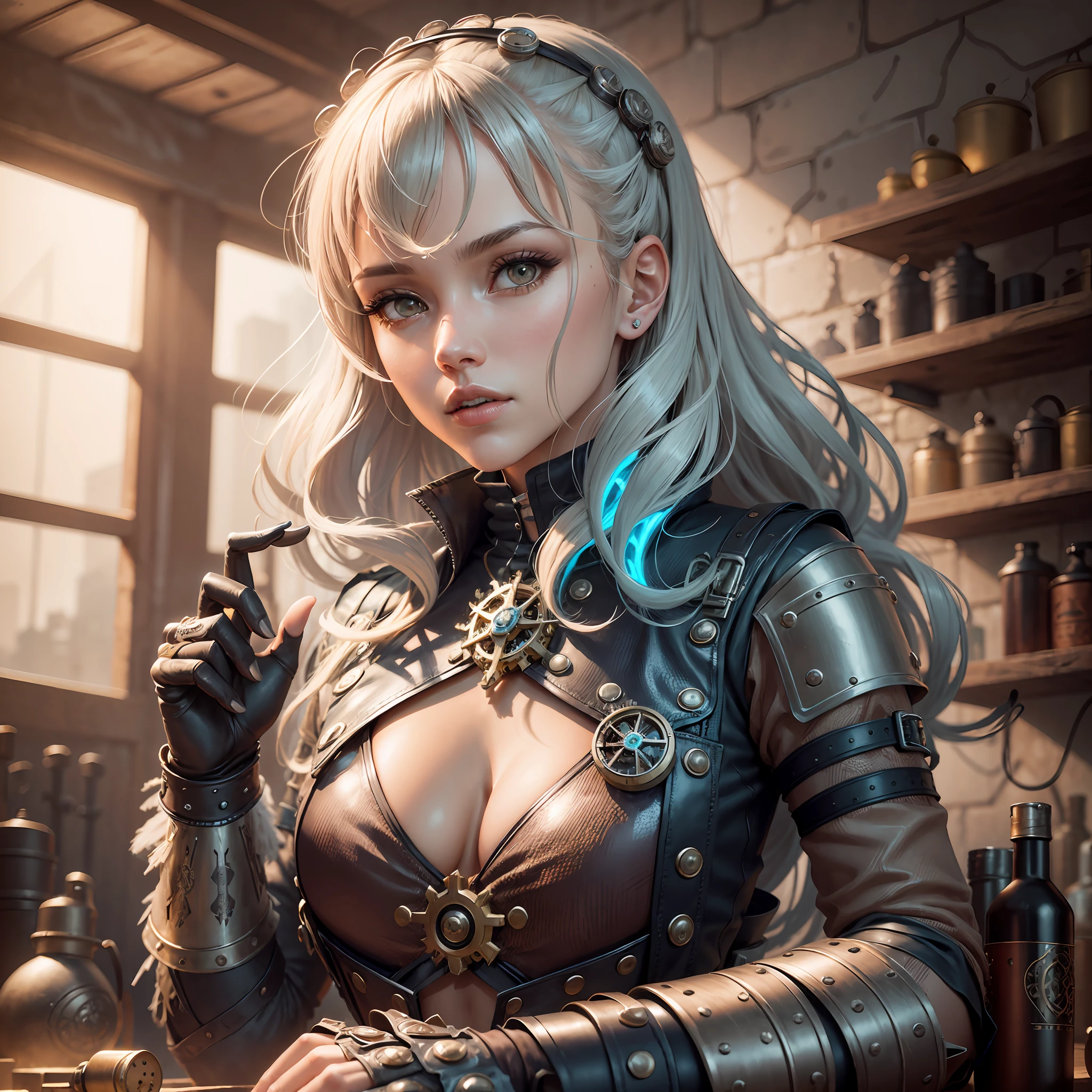 Jessica Alba, (playing chess), (absurdres, highres, ultra detailed), 1woman, mature female, aged, long wavy hair, split-colored hair, heterochromia, bangs, long sleeves, finely detailed eyes and detailed face, extremely detailed CG unit 8k wallpaper, intricate details, (style-rustmagic: 0.8), (medieval cyborg: 0.8), portrait, (bloody wounds:0.7), looking at the viewer, solo, half shot, detailed background,  (steampunk theme:1.1) determined expression, dark technomancer couds, floating lights, colorful leather vest with gears, techwear, jetpack, workshop in the background, machines, gears, steam, industry, technology, oven, dirt, anvil, buttons, levers, automaton, electricity, electric sparks epic atmosphere,, portrait --auto --s2