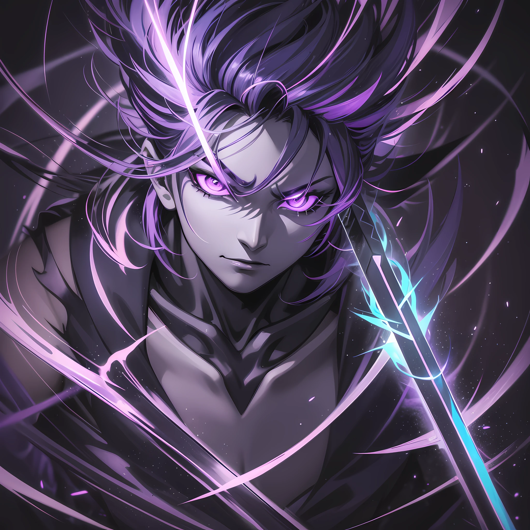 a close up of a person with a purple and black background, glowing black aura, evil aura, badass anime 8 k, dark aura, an epic anime of a energy man, blue fire powers, epic anime style, menacing aura, darkness aura, emanating menacing aura, transforming into his final form, inverse dark glowing power aura, glowing in power
