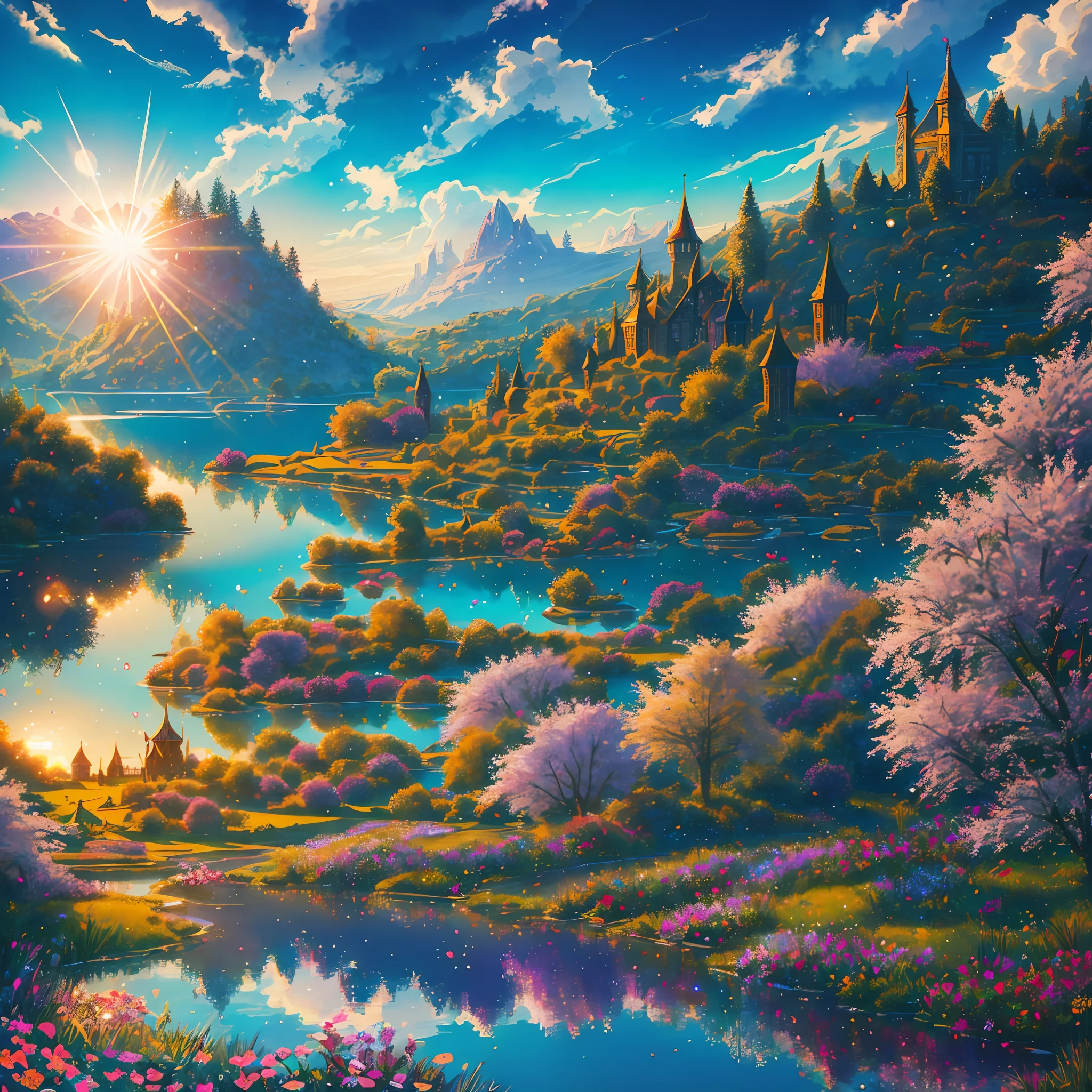 artstation style illustration, dark fantasy landscape, flower petals, lake, hedge in background, small fairies, reflections, ruins, best quality, masterpiece, lens flare, high contrast, saturated colors, Style-Glorious