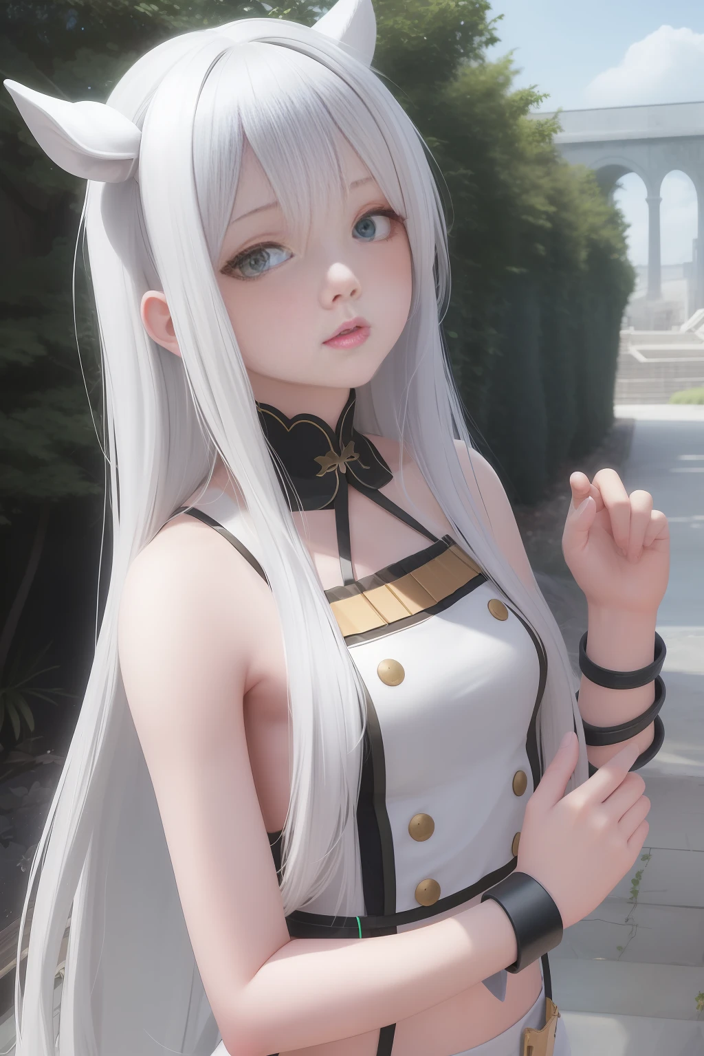 best quality, masterpiece,White hair, green eyes, sistineFibeldef, sistineFibelrnd, looking up, upper body