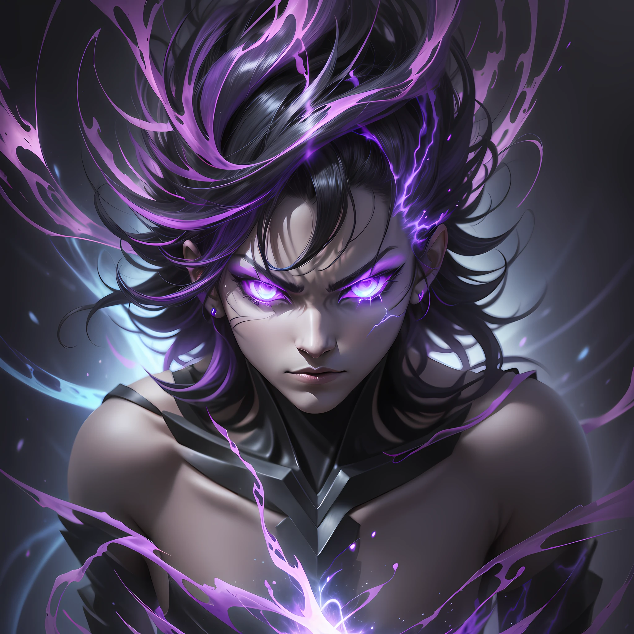 a close up of a person with a purple and black background, glowing black aura, evil aura, badass anime 8 k, dark aura, an epic anime of a energy man, blue fire powers, epic anime style, menacing aura, darkness aura, emanating menacing aura, transforming into his final form, inverse dark glowing power aura, glowing in power