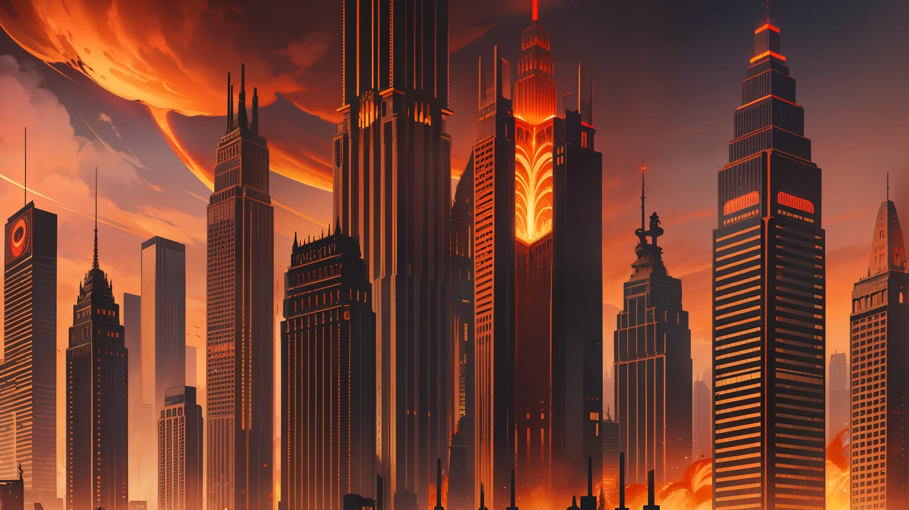 Metropolis, hell, hell, everything is red, demons are flying, lava is everywhere, there is a city in hell, skyscrapers are in hell, lava is flowing from skyscrapers, in great detail, best quality, ultra 8k, as detailed as possible