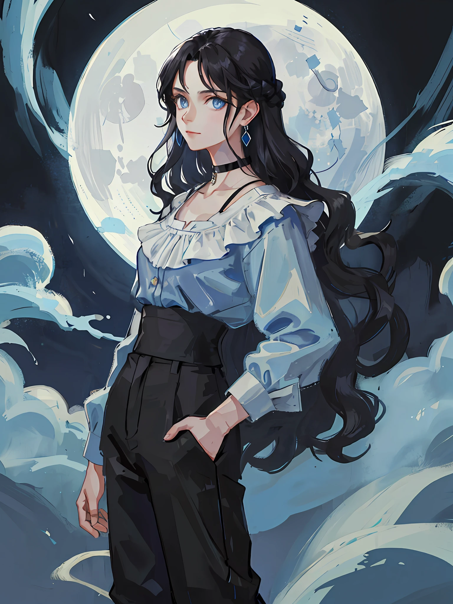 (best quality, masterpiece), portrait, 1 girl, alone, (black hair, long wavy), (light blue eyes), blue earrings, black choker, black long-sleeved blouse and black long pants, with both hands in pockets (night background, full moon)