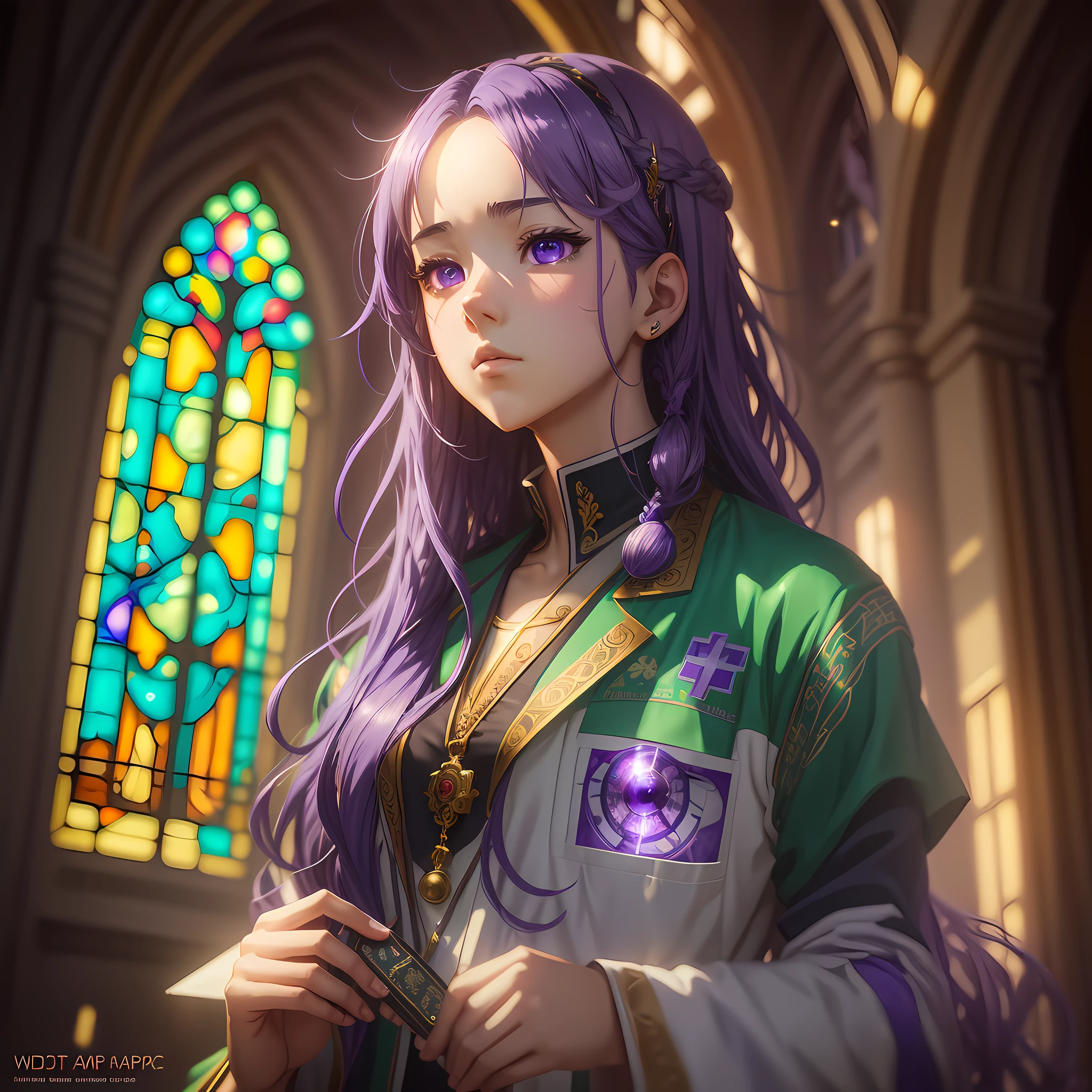 anime photo, masterpiece, high quality, absurd, A young adult with purple hair and eyes, medical clothes and herbivore, surrounded by a green church window, symmetrical face, golden hour, soft, focused, highly detailed, hyperrealistic, dramatic lighting, elegant, intricate, concept art, art by wlop, mars ravelo, greg rutowski, artstation --auto --s2